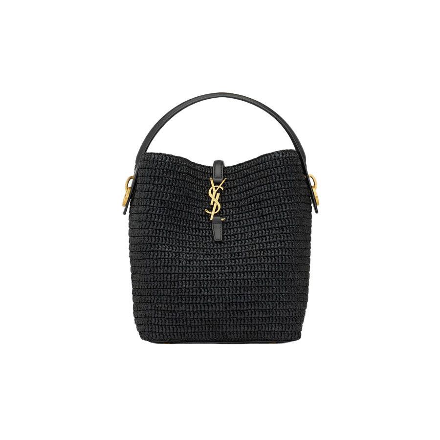 Saint Laurent Le 37 Medium $3200 Black Raffia Bucket Bag New