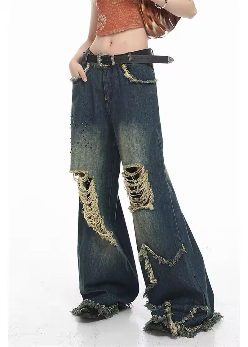 Jean × Streetwear Vintage Ripped Star Wide Leg Baggy Jeans Jean × Streetwear Vintage Ripped Star Wide Leg Baggy Jeans