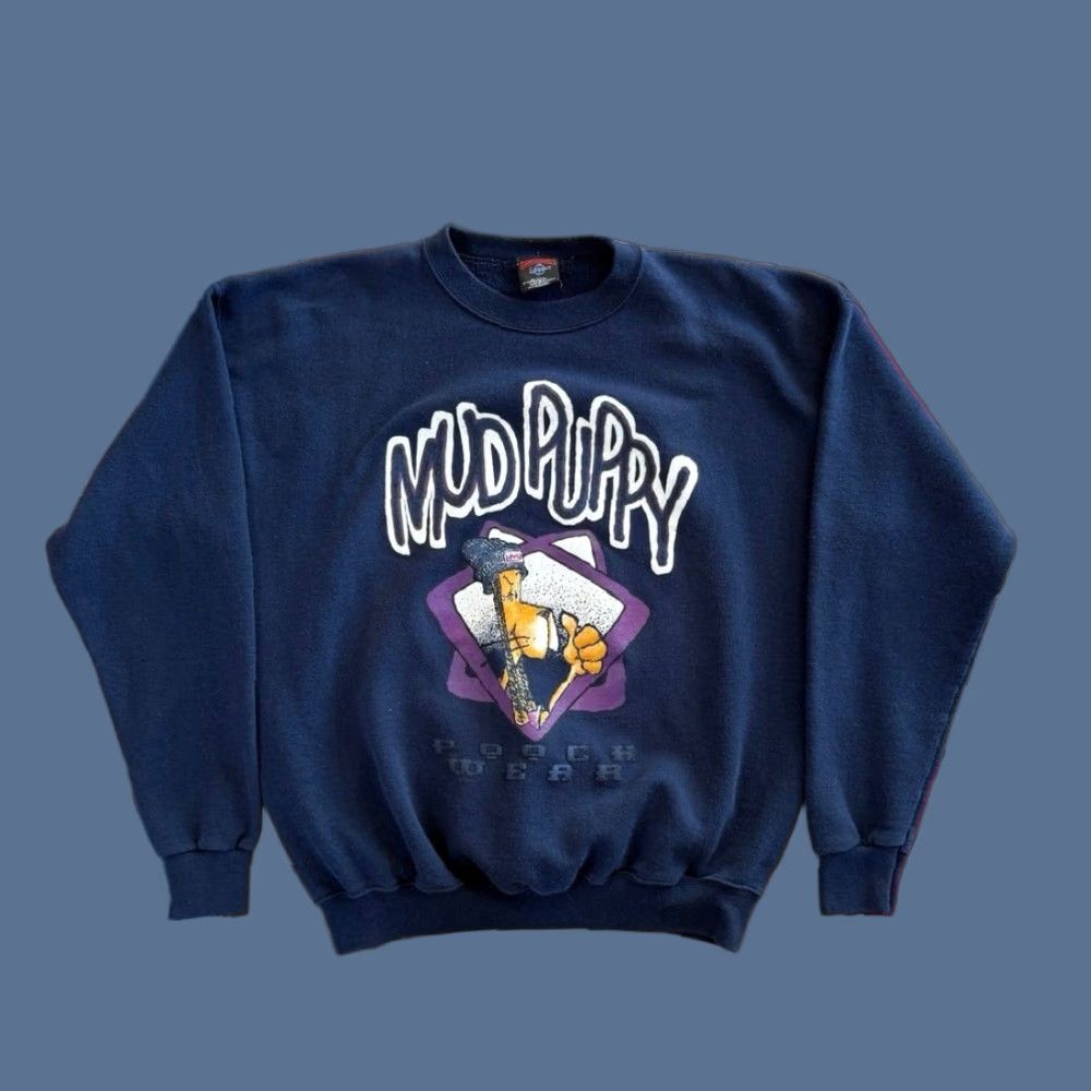 VINTAGE Mud Puppy Pooch Wear Crewneck Sweatshirt Size XL Men Garment Graphics Blue 90s Animals Dog