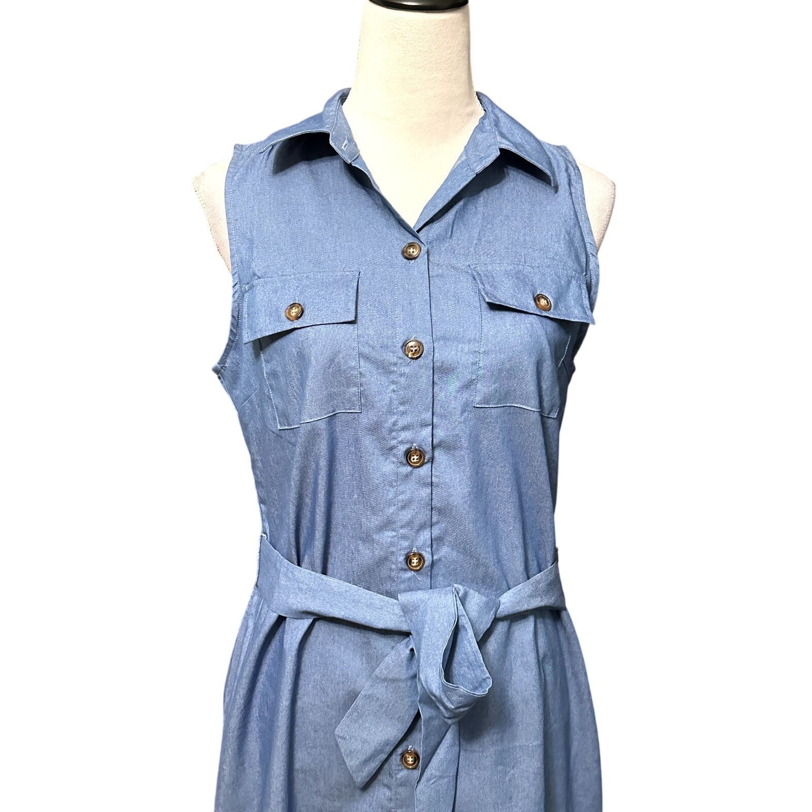 Other NY Collection Chambray Midi Dress Belted Sleeveless Blue MP Size M / US 6-8 / IT 42-44 - 3 Thumbnail