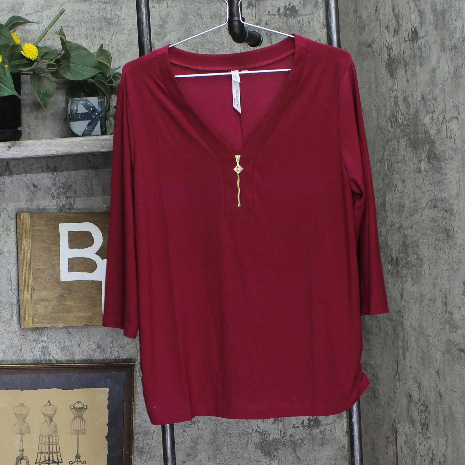 Other New Ny Collection Knit Zipper V-neck Tee Burgundy Red 1x Size XL / US 12-14 / IT 48-50 - 1 Thumbnail