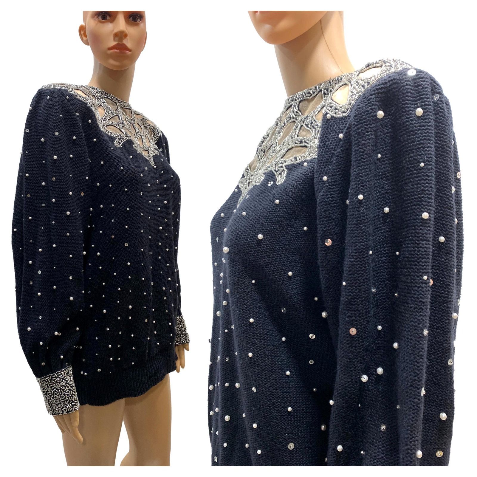 Vintage 80s Black Beaded Trophy Sweater w Pearls 1989 | S/M Size M / US 6-8 / IT 42-44 - 3 Thumbnail