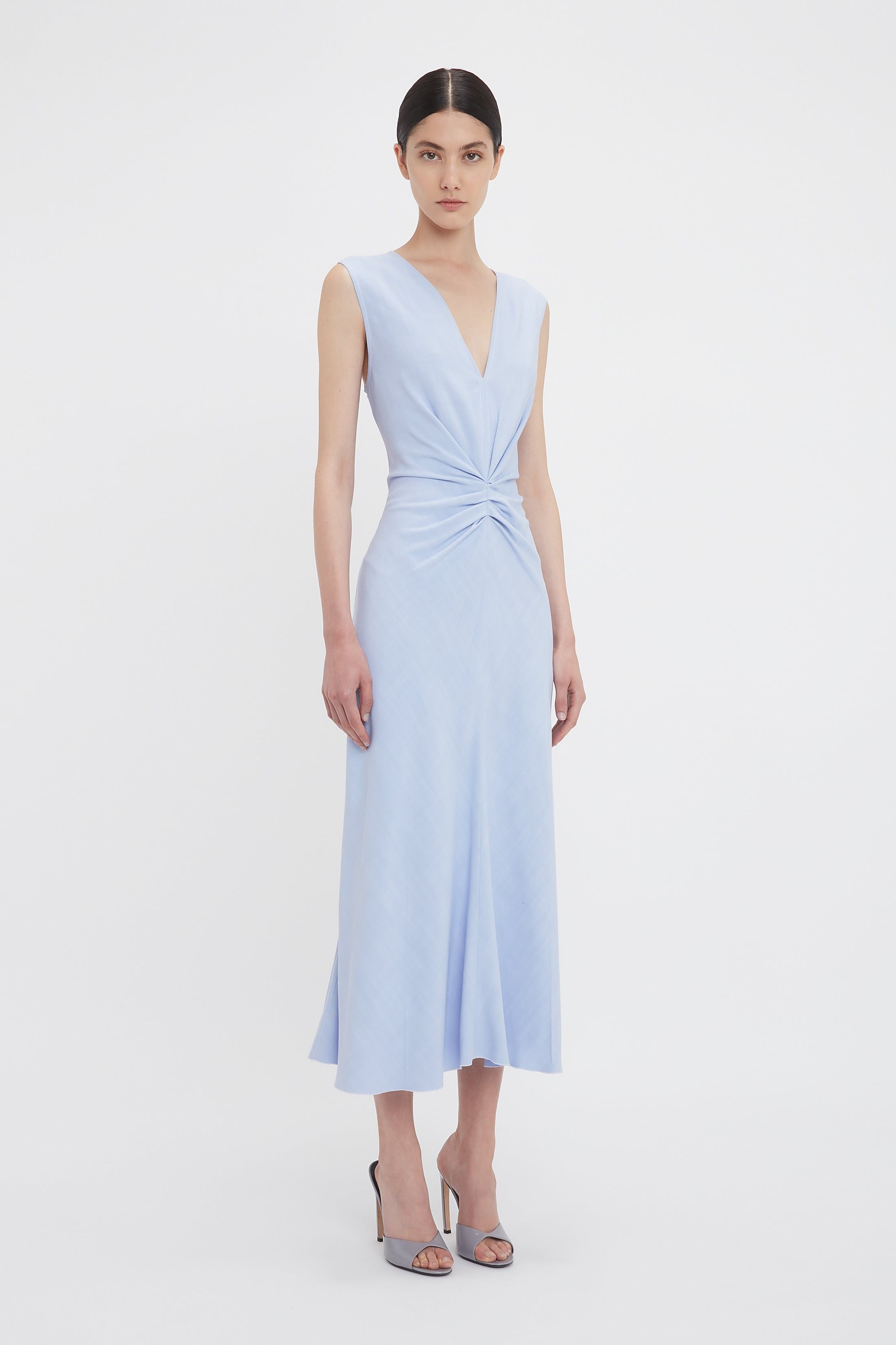 Victoria Beckham o1mle0525 Sleeveless Gathered Waist Midi Dress In Frost Blue Size M / US 6-8 / IT 42-44 - 3 Thumbnail