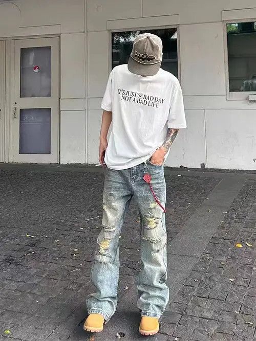 Japanese Brand × Jean Washed vintage irregular ripped baggy jeans Size US 32 / EU 48 - 4 Thumbnail