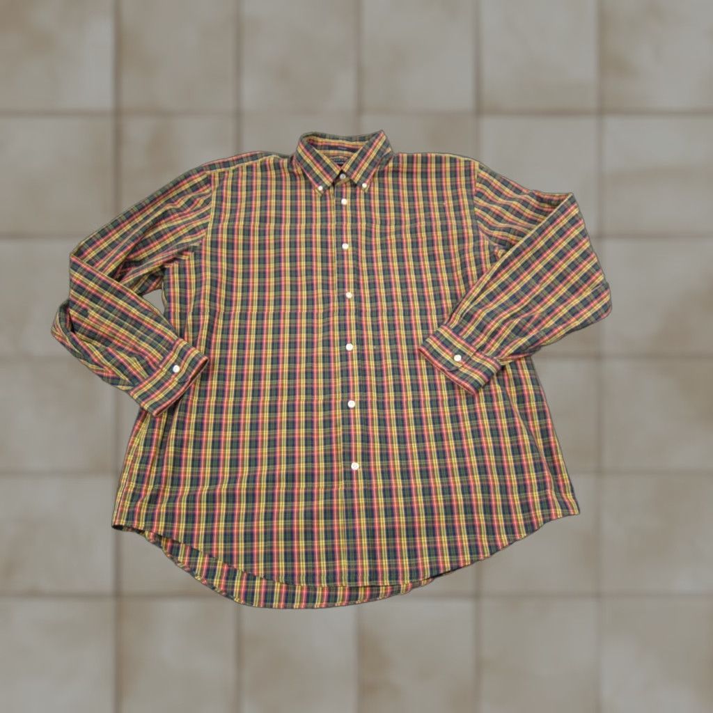 Lands' End Lands' End Shirt Adult 17.5 Green Yellow Blue Oxford Button Up Cotton 90s Mens Size US XXL / EU 58 / 5 - 1 Thumbnail