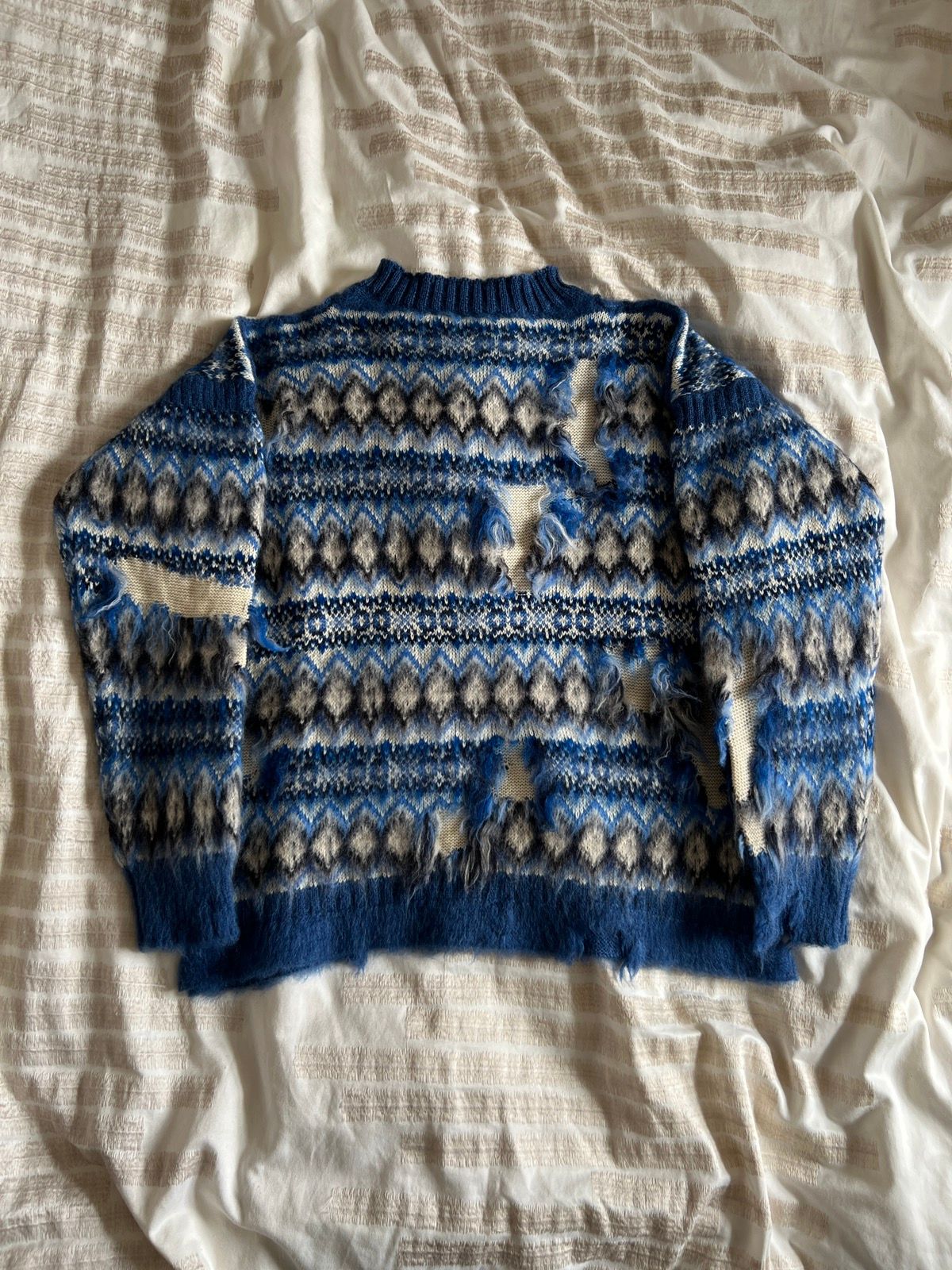 Pre-owned Maison Margiela Distressed Intarsia Fair Aisle Wool Sweater In Blue
