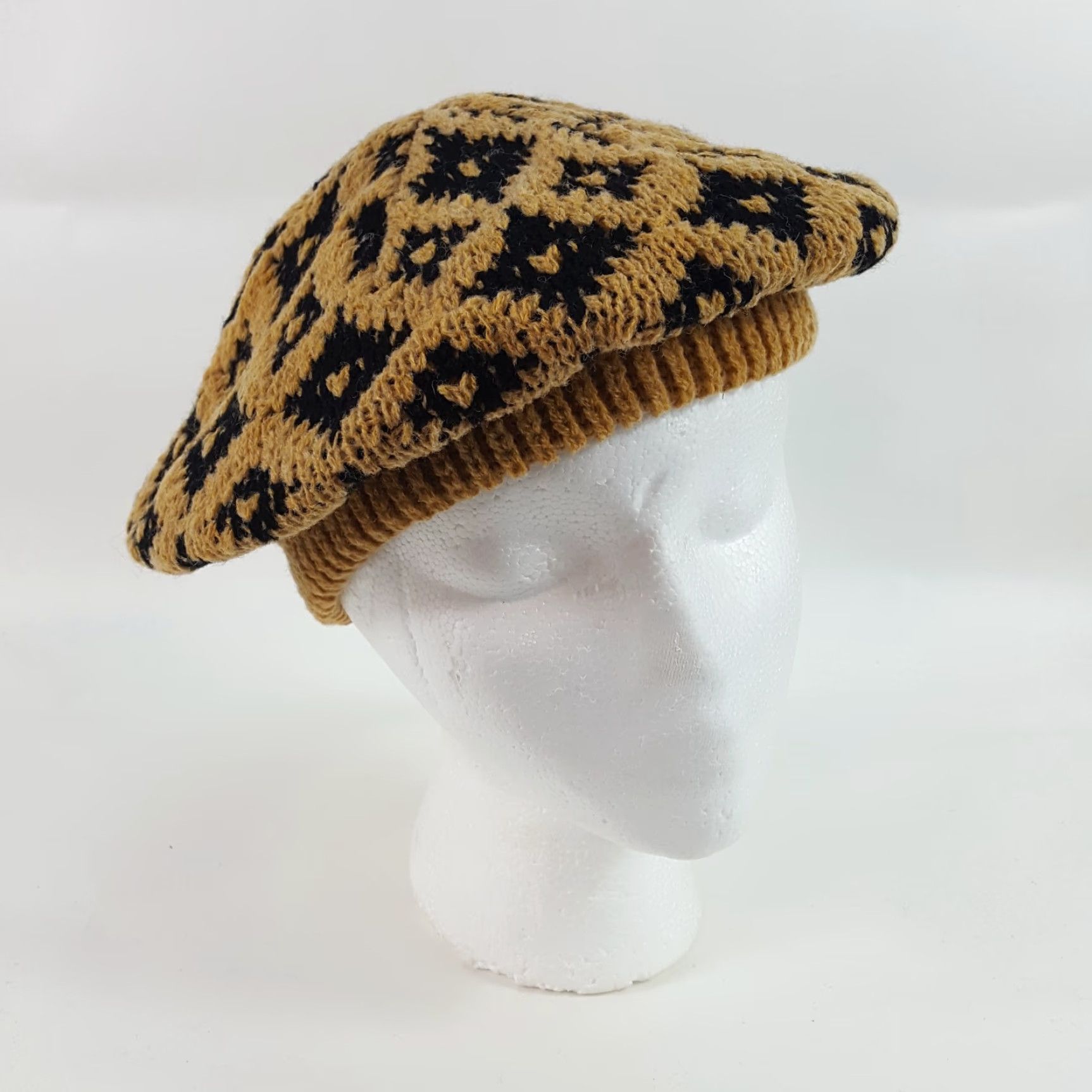 Vintage VINTAGE 80s Knit Wool Brown Diamond Beret Womens One Size Hat France Beret Winter Boho Hipster Retro Warm Wool Beret Womens Size ONE SIZE - 3 Thumbnail