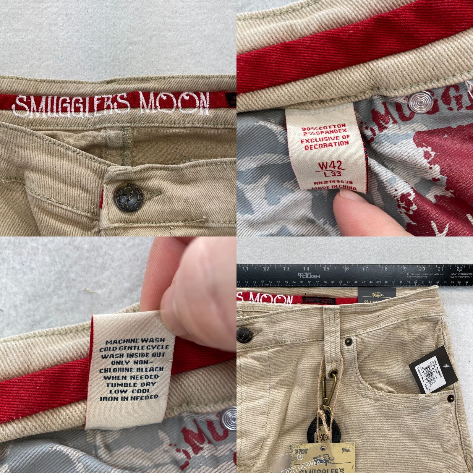 Denime Smugglers Moon Jeans Mens 42x33 Khaki Beige Denim Button Fly Roll Up Distressed Jeans Distressed Casual Slim 5-Pocket Denim Skull Logo Men Size US 42 / EU 58 - 8 Thumbnail