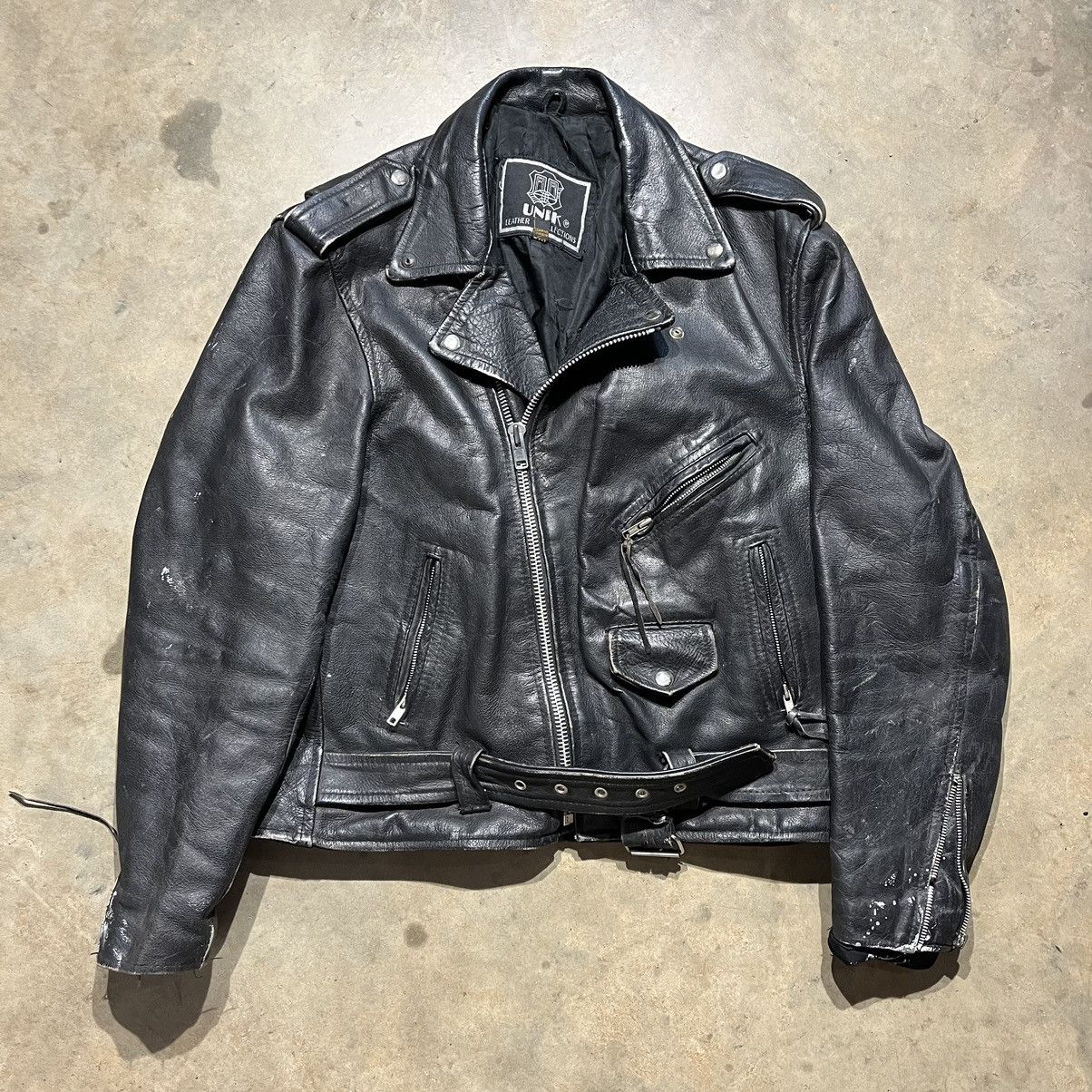 image of 80's Unik Black Grunge Motorcycle Leather Jacket, Men's (Size XL)