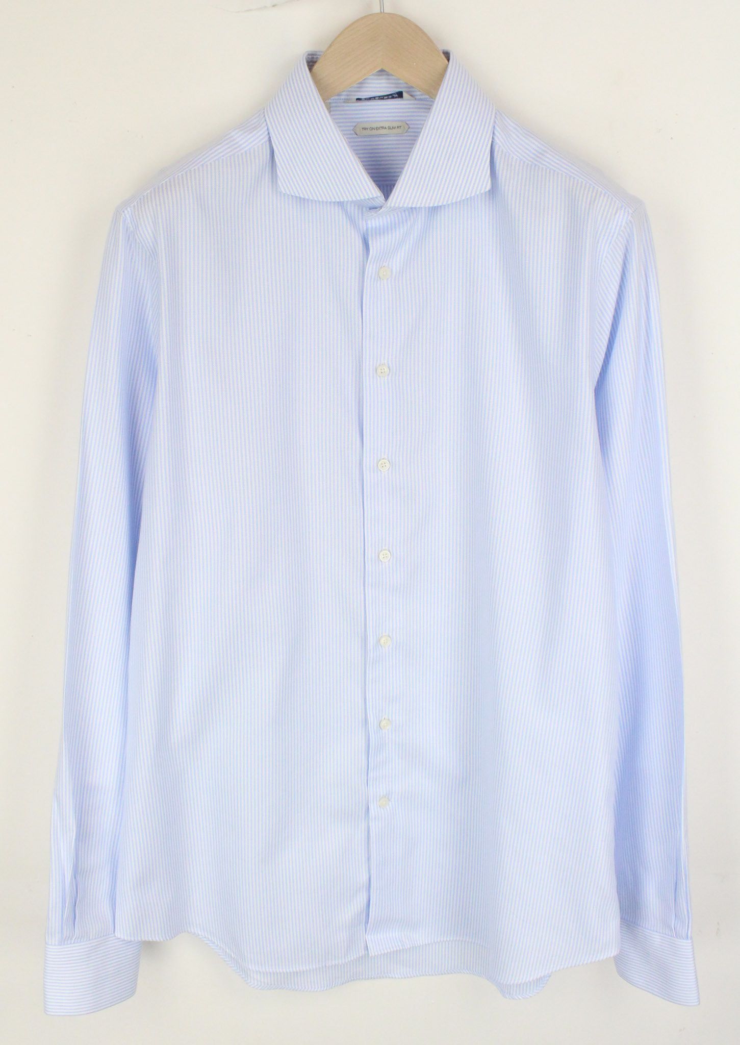 Suitsupply 44L/17 1/2L Extra Slim Blue Cotton Striped 72362 Size 44L - 1 Thumbnail