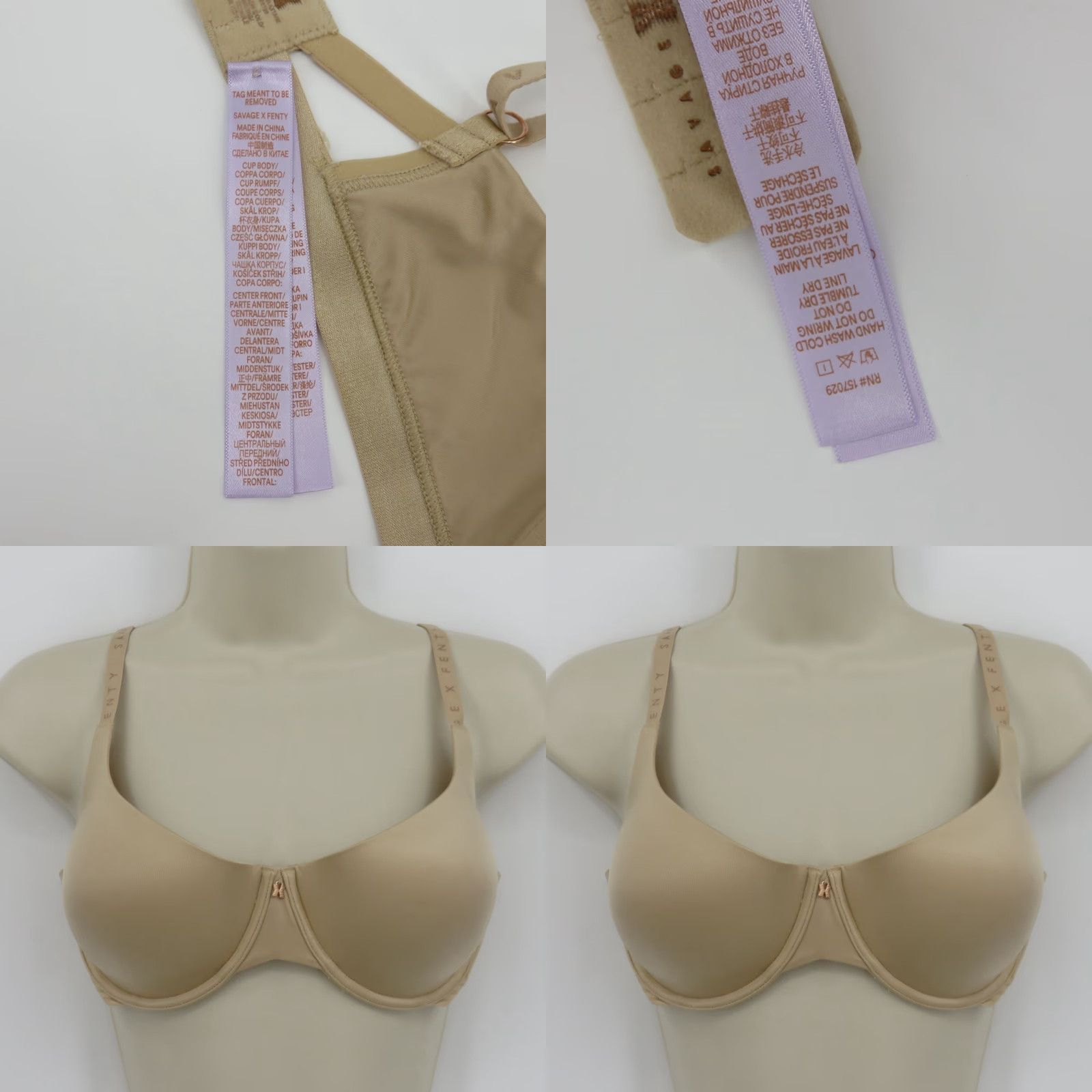 Vintage Savage X Fenty Bra 34DD Beige Underwire Lined Logo Straps Nylon Blend Balconette Womens Size ONE SIZE - 9 Thumbnail