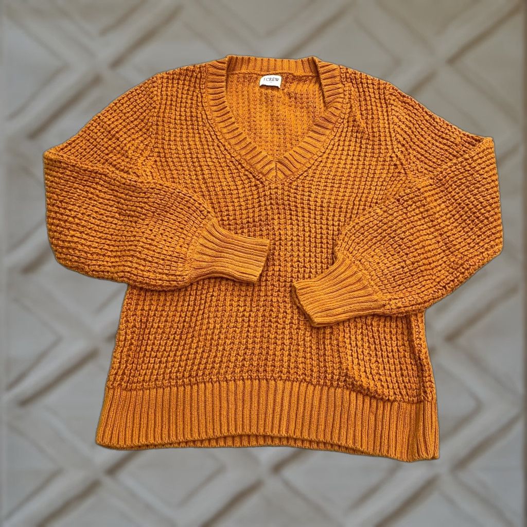 J.Crew Pullover Sweater Womens Medium Orange Waffle Knit Crochet Casual V-Neck