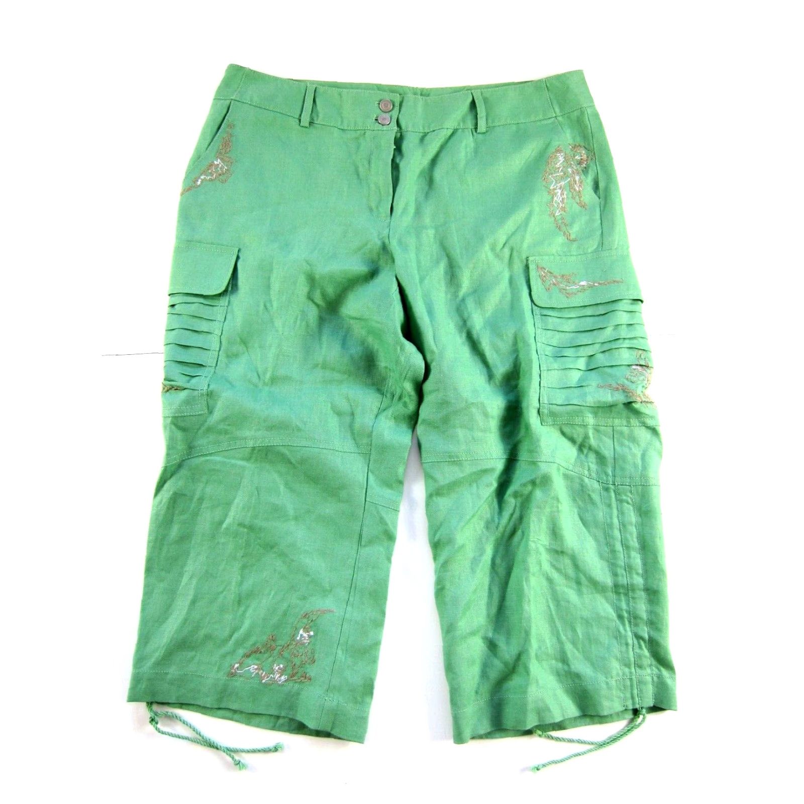 Vintage Gianni Binni 100% Linen Green Embroidered Pocket Cargo Wide Leg Capri Pant 12 Size 34" / US 12 / IT 48 - 2 Thumbnail