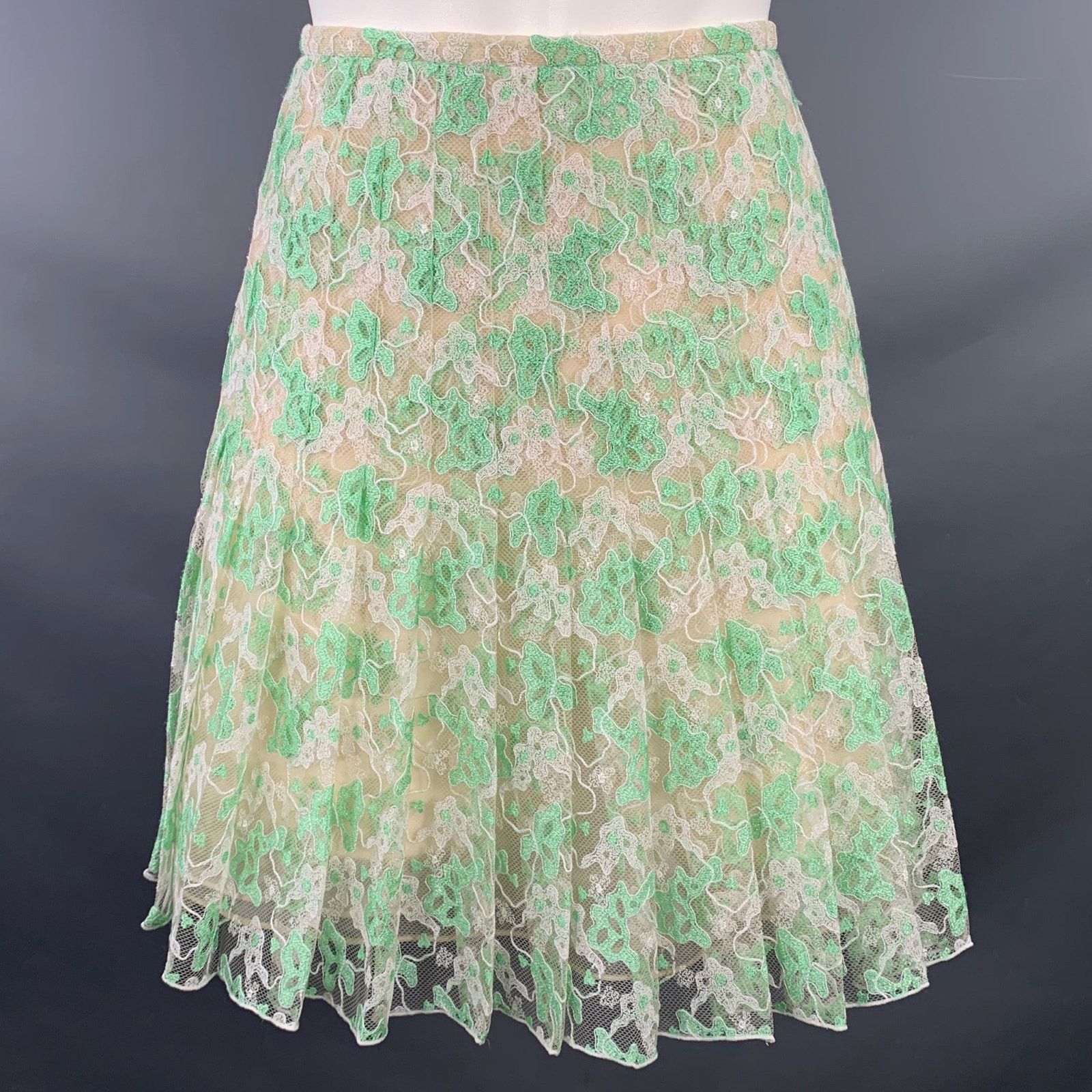 Christopher Kane CHRISTOPHER KANE 6 Green Cream Silk Pleated Above Knee Skirt Size 28" / US 6 / IT 42 - 1 Thumbnail