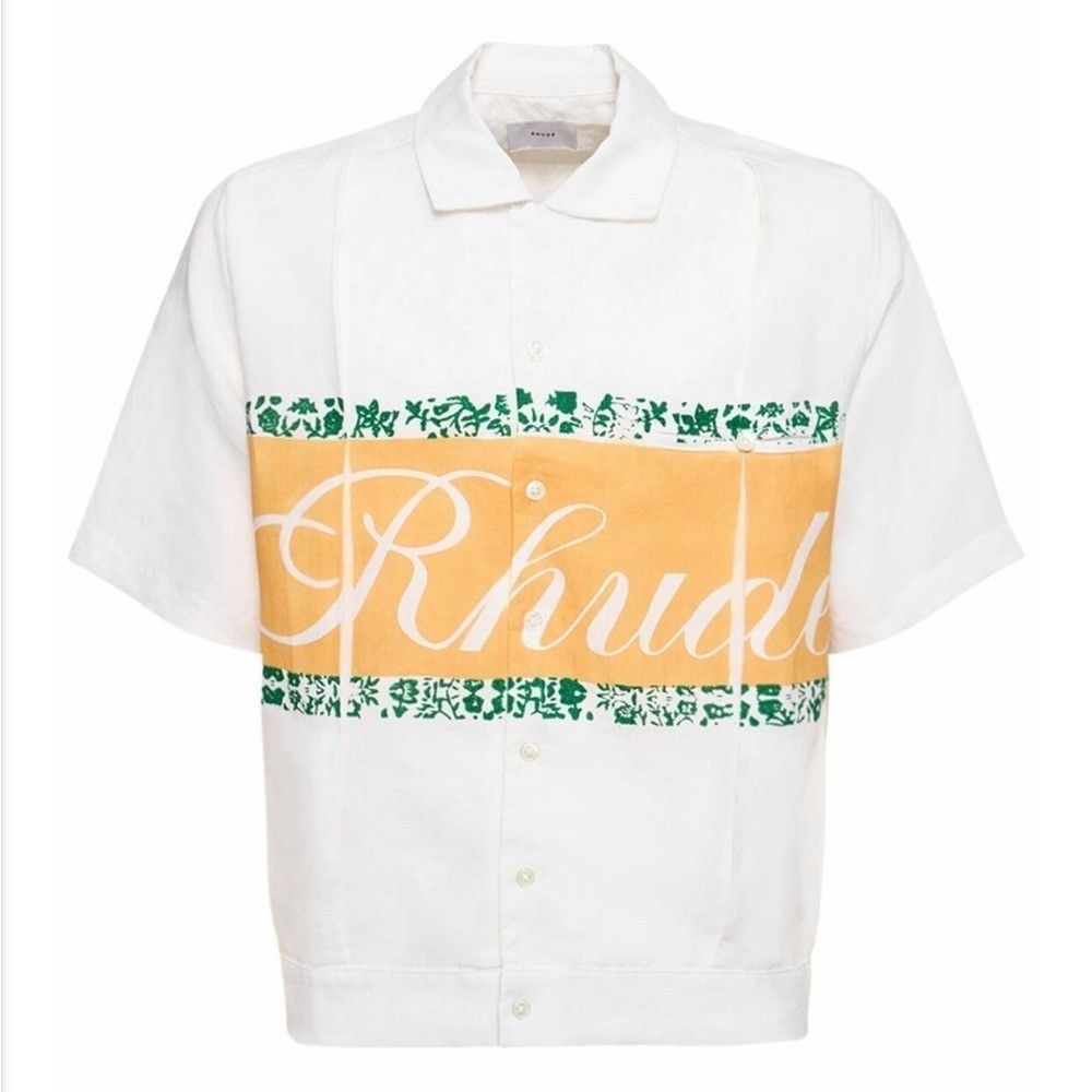 Rhude Rhude Linen Cuban Shirt White Yellow Green Men’s Size Medium Size US M / EU 48-50 / 2 - 1 Thumbnail