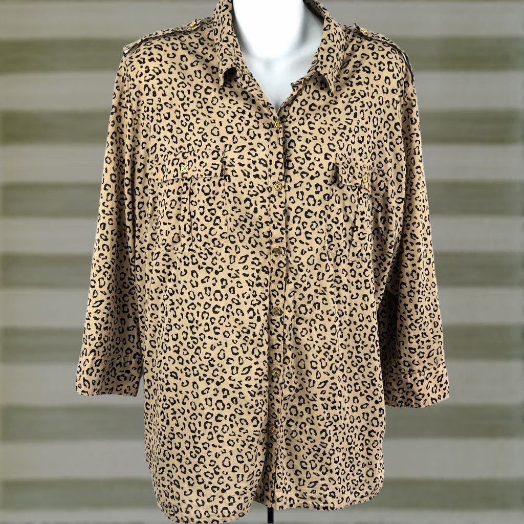 Vintage Vintage Top 2XL Tan Leopard ButtonUp 3/4 RollTab Collar Pocket glam retro y2k 90 Size XXL / US 16-18 / IT 52-54 - 1 Thumbnail