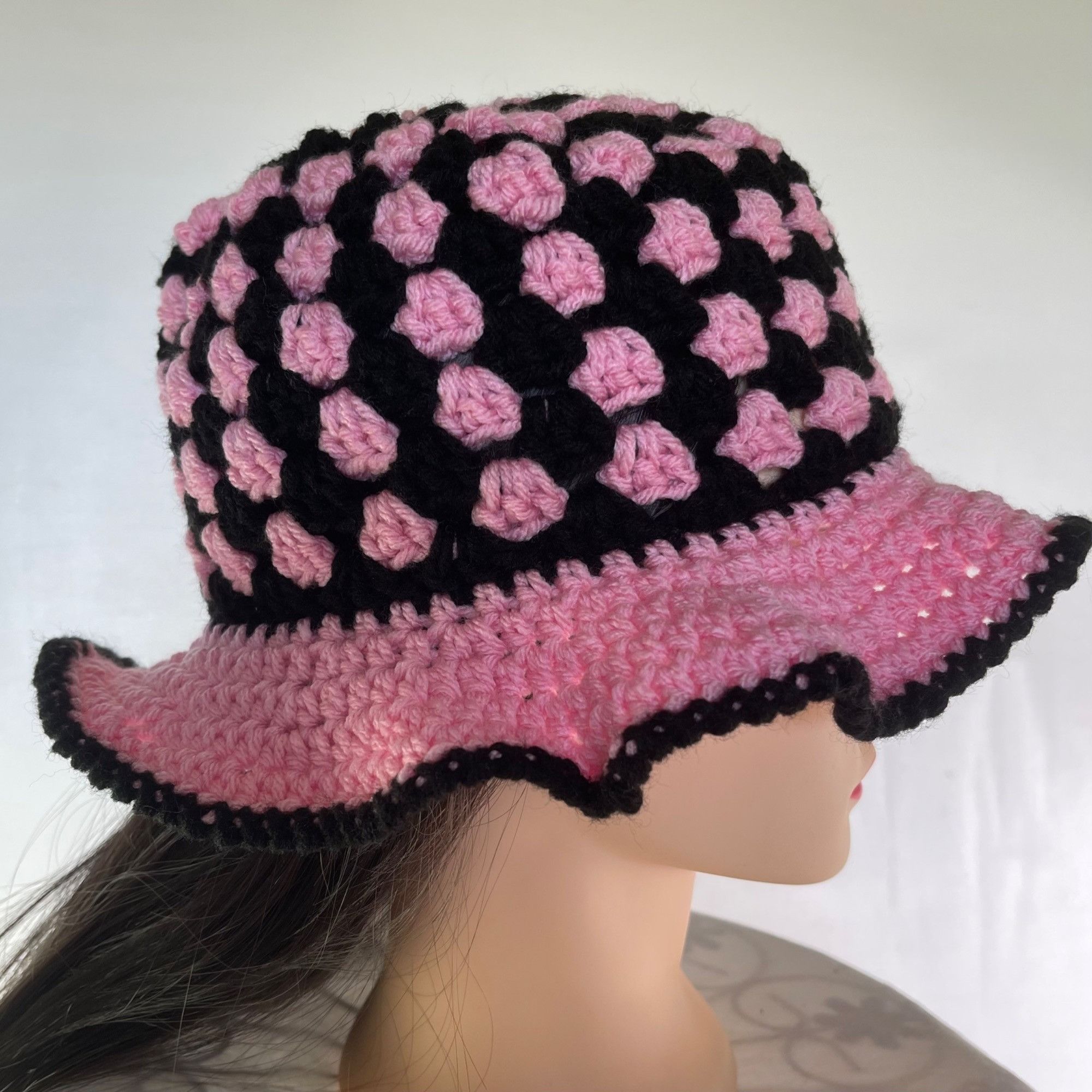 Handmade Crochet Bucket Hat Granny Square Pattern Pink and Black Adul Size ONE SIZE - 3 Thumbnail