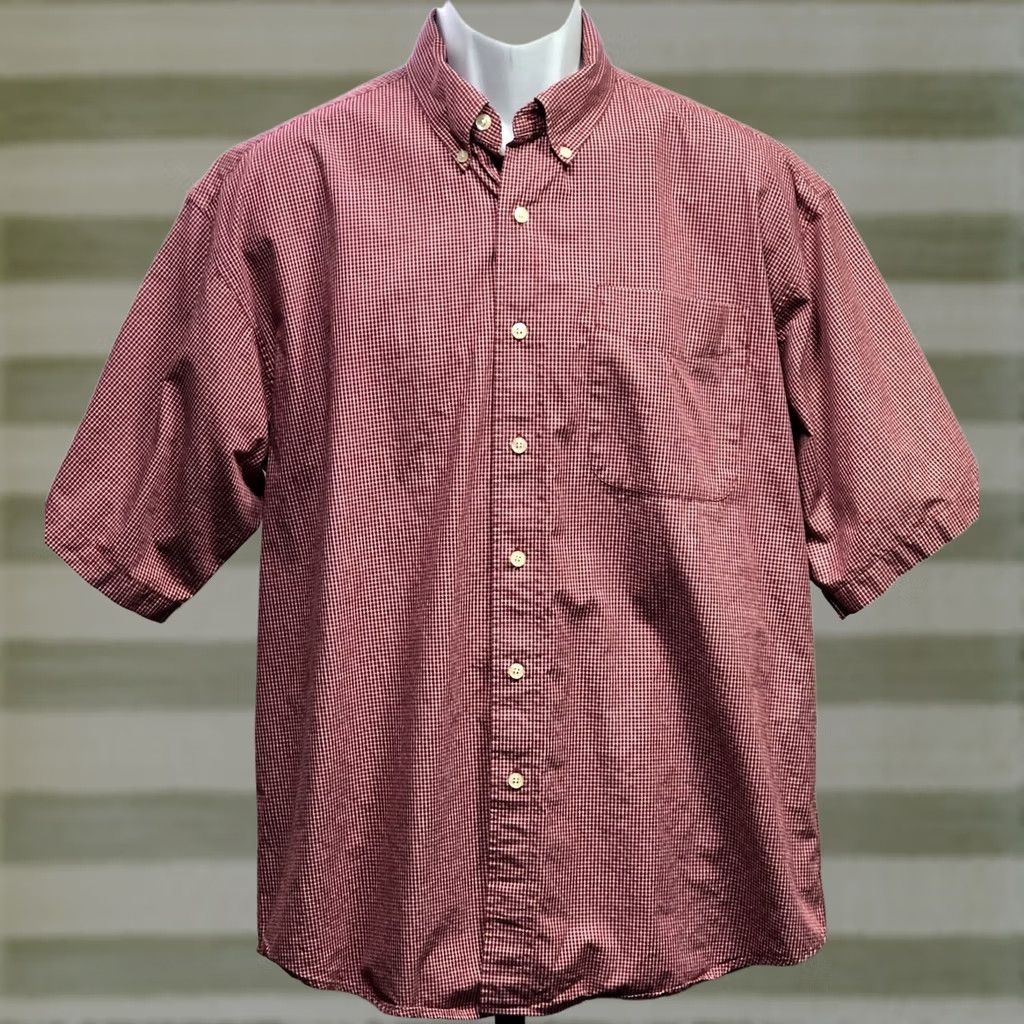 Haggar Haggar Oxford Button-Up L Red Plaid Short Sleeve Pocket Preppy Office Shirt Men Size US 33 - 1 Thumbnail