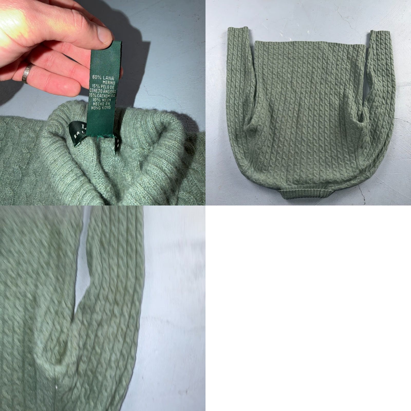 Ralph Lauren VINTAGE Lauren Ralph Lauren Womens M Peplum Green Cable Knit Sweater Wool Cashmere Angora Mock Neck Long Sleeve Pullover Regular Knit USA 90s Womens Size M / US 6-8 / IT 42-44 - 8 Thumbnail