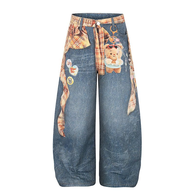 Jean American retro bear print washed distressed leg jeans Size US 32 / EU 48 - 1 Thumbnail