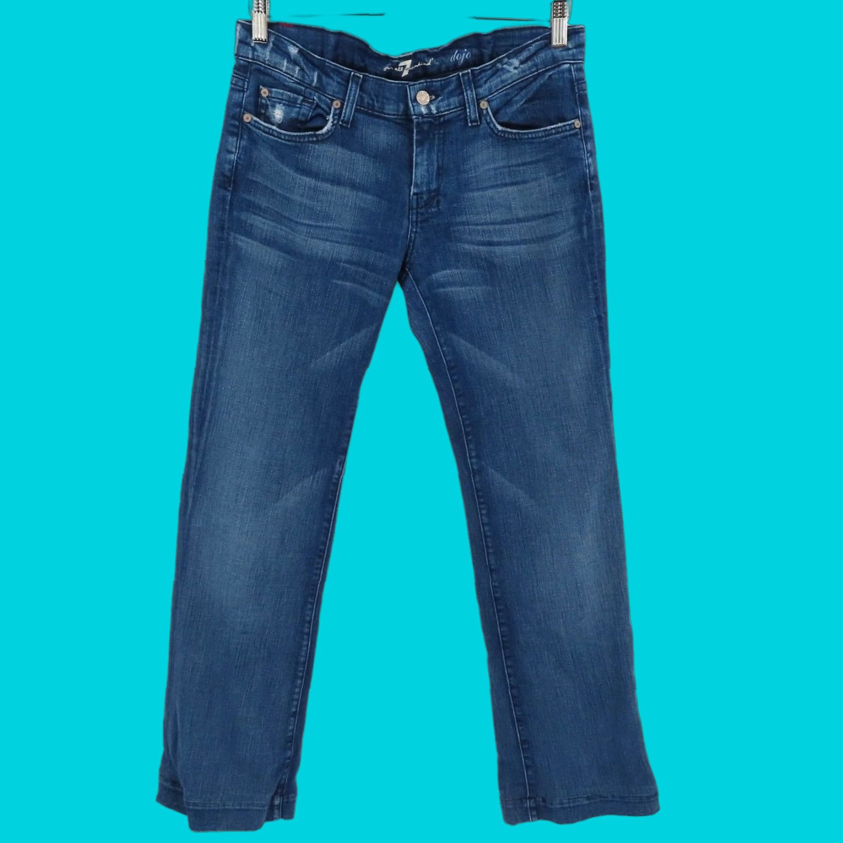 7 For All Mankind Women Jeans Dojo Distressed Blue Denim 5-Pocket Pockets Bootcut Regular Size 29