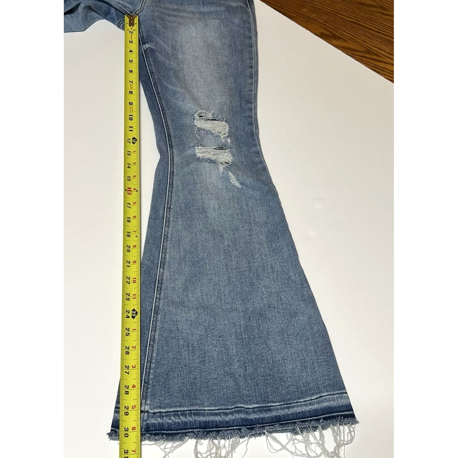 Vintage KanCan Jeans Womens 28x30 Blue High Rise Double Button Released Hem Flare Distressed Stretch 5-Pocket Denim Jeans Womens Regular Bohemian 90s Clothing Size 28" / US 6 / IT 42 - 5 Thumbnail