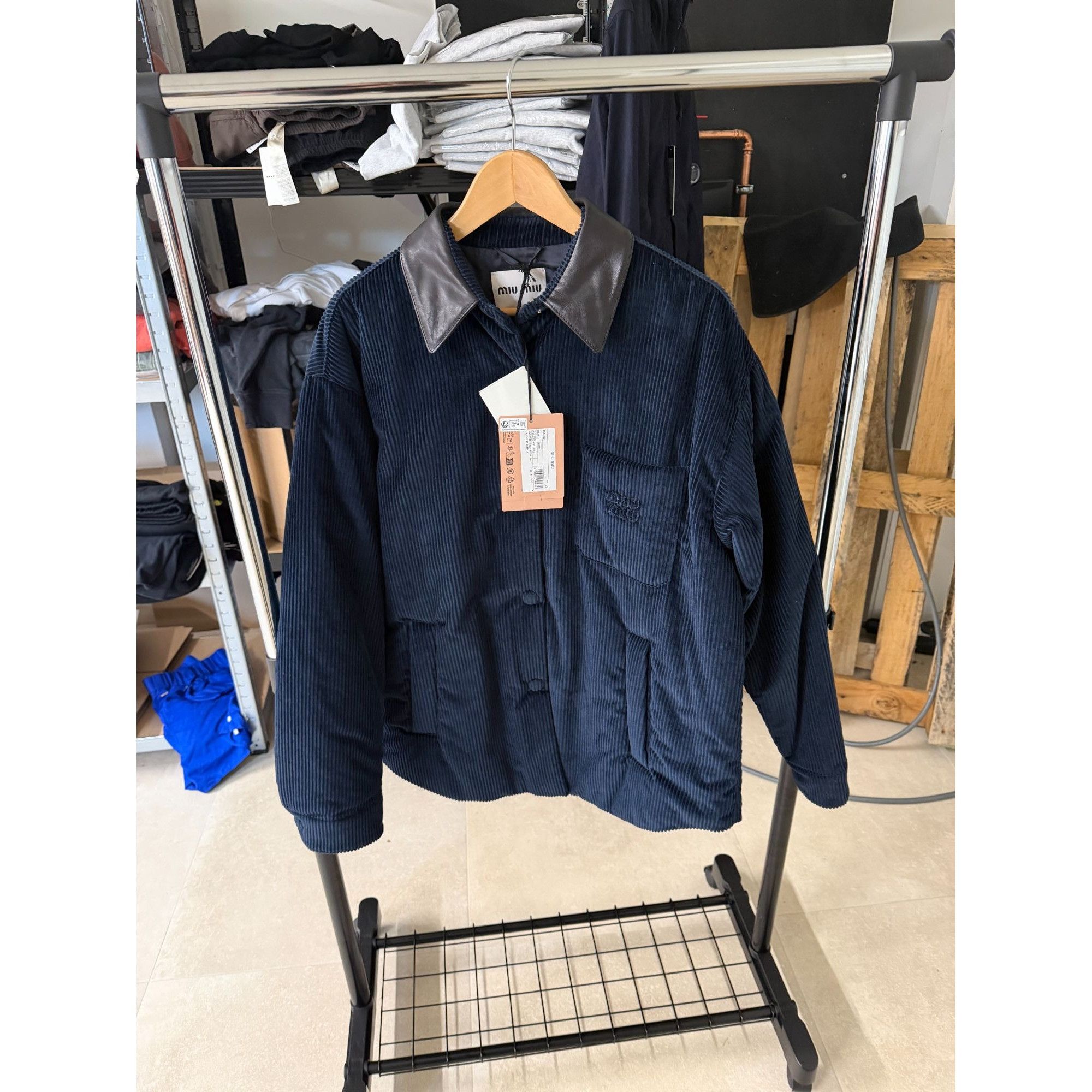 Miu Miu Navy Corduroy Jacket With Leather Collar Size 42 Mad in Blue, Women's