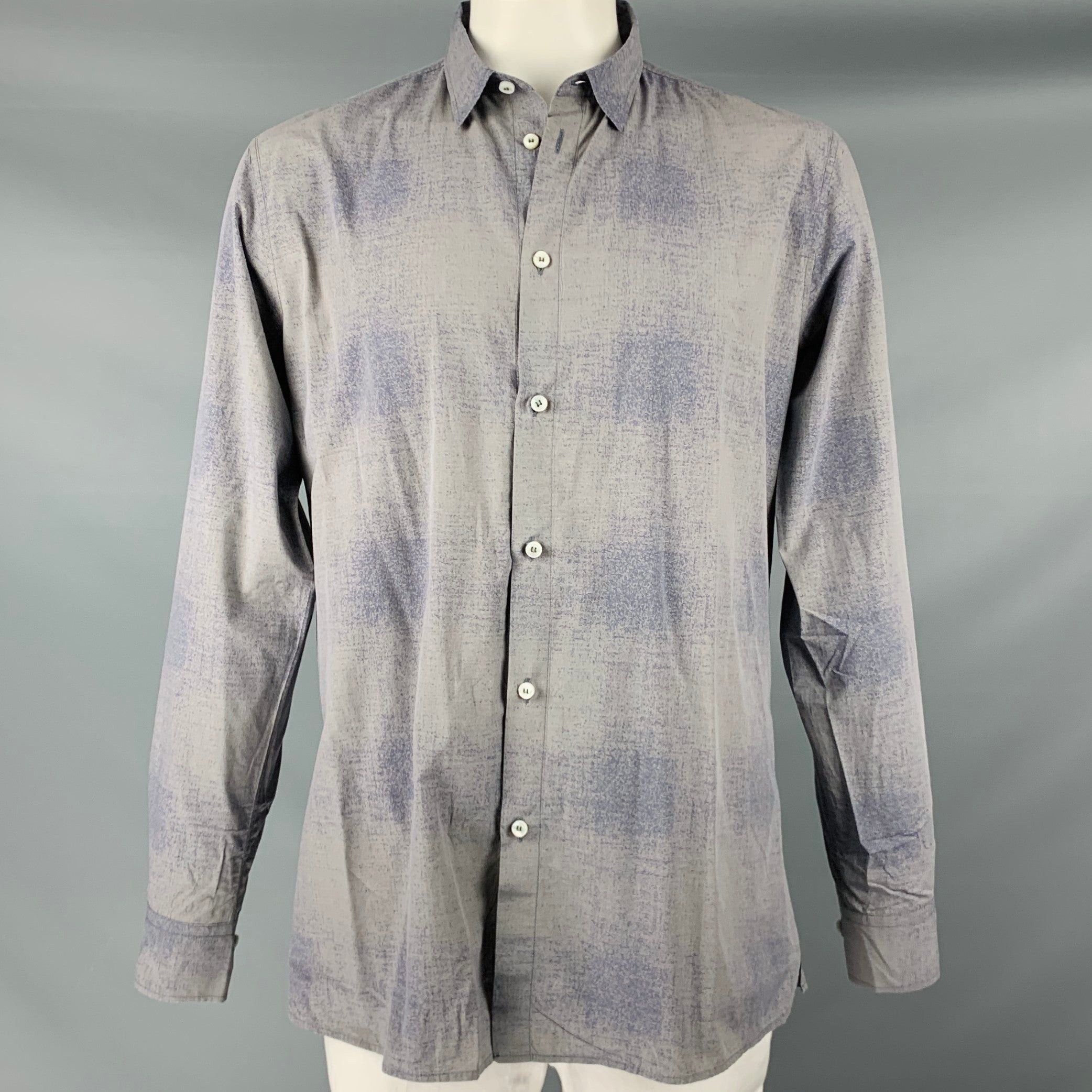 image of Bottega Veneta Grey Blue Ombre Cotton Button Up Long Sleeve Shirt, Men's (Size 2XL)