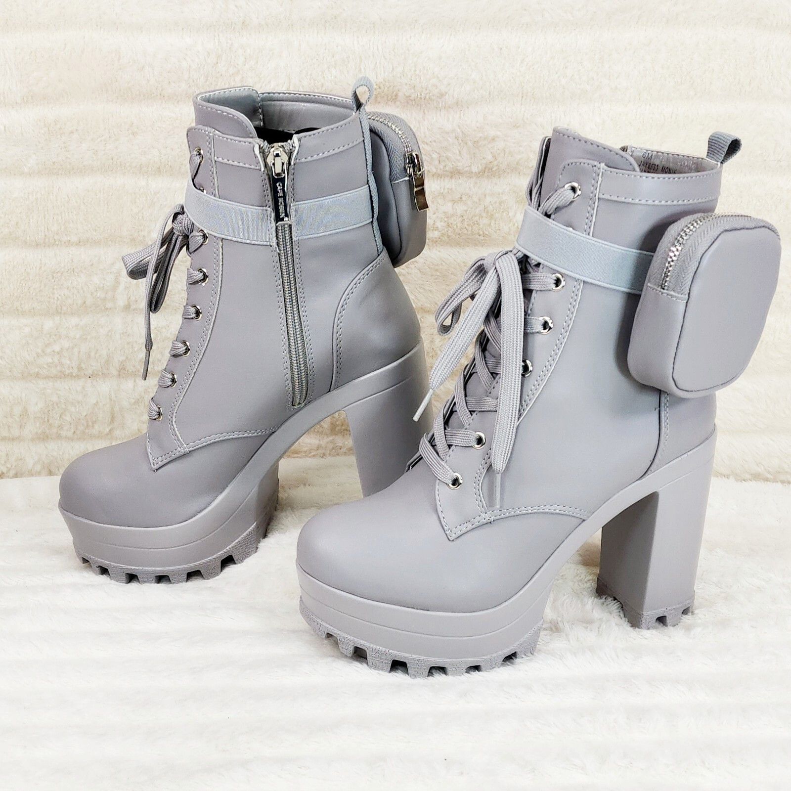 Other Secrets Grey Chunky Block Heel Side Purse/Pouch Ankle Boots Size US 10 / IT 40 - 2 Thumbnail