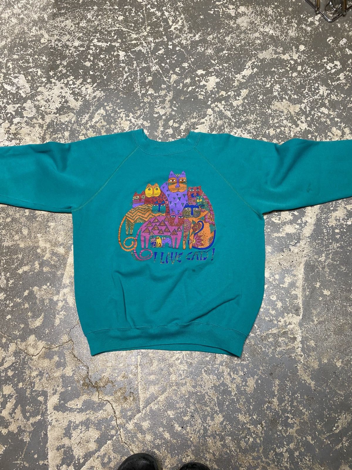 Vintage Vintage I Love Cats Cat Teal Pullover Crewneck SweatshirtUSA Size US L / EU 52-54 / 3 - 3 Thumbnail