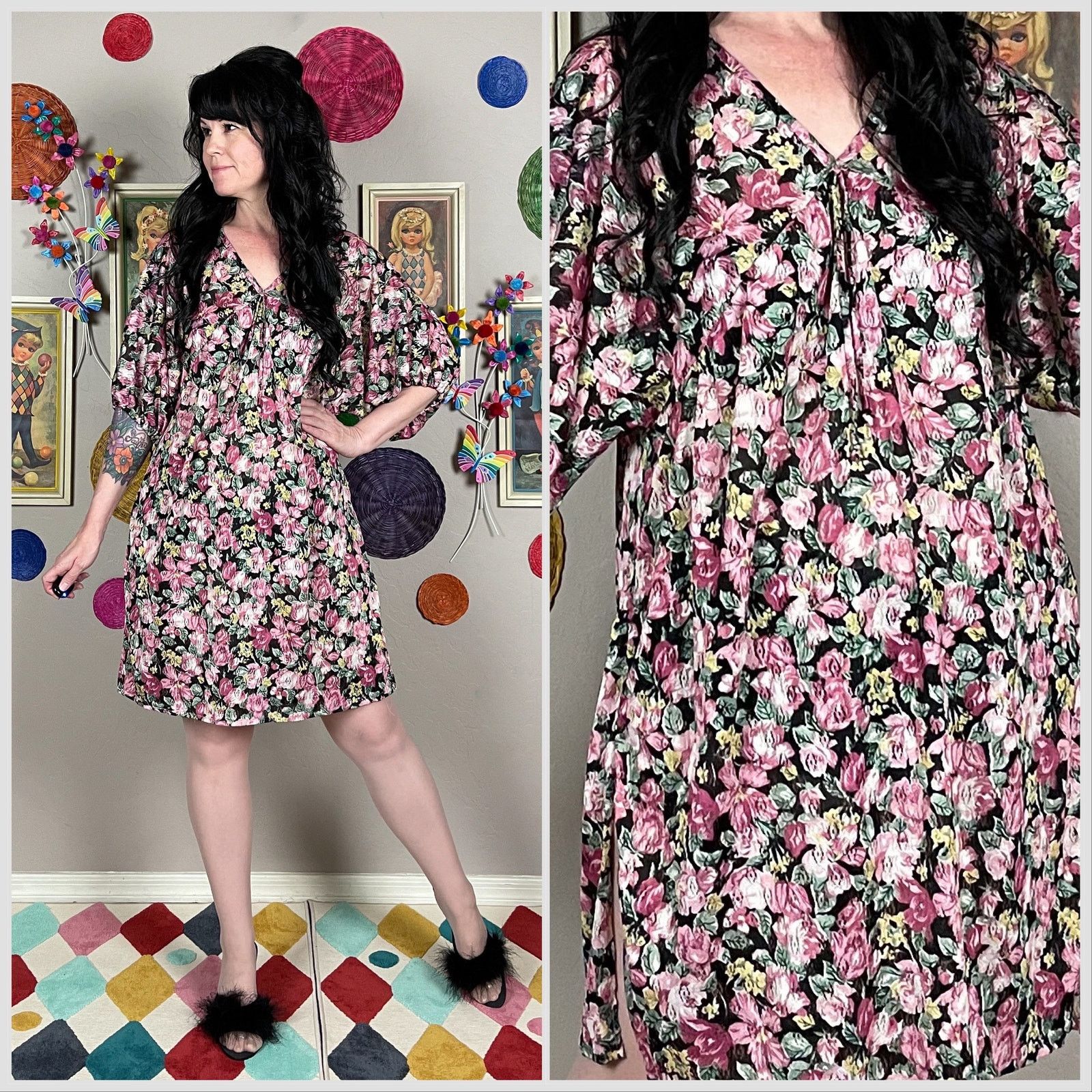 Vintage Vintage 1970s Black Floral Short Sleeve Night Dress Size ONE SIZE - 1 Thumbnail