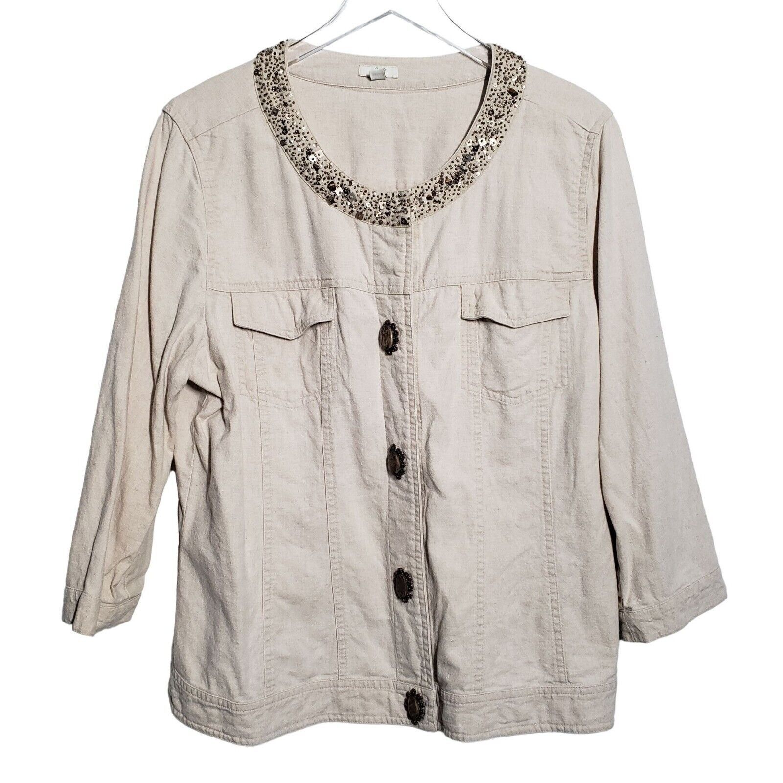 Designer J Jill Embellished Jacket Women Size Large Tall Linen Cotton Size L / US 10 / IT 46 - 1 Thumbnail
