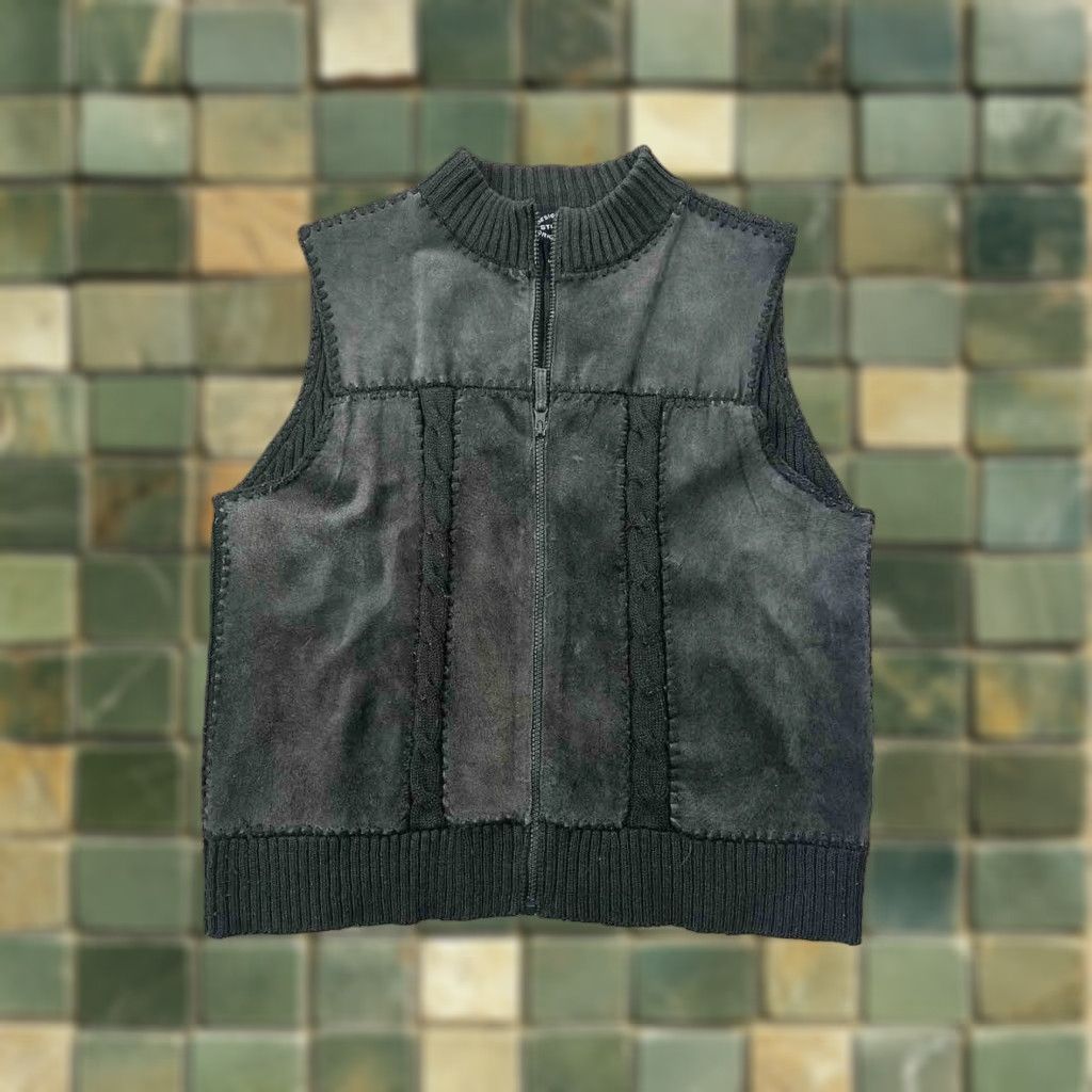 Vintage VINTAGE Women’s Large Suede Full Zip Sweater Vest Green Patchwork Leather V3J Size L / US 10 / IT 46 - 1 Thumbnail