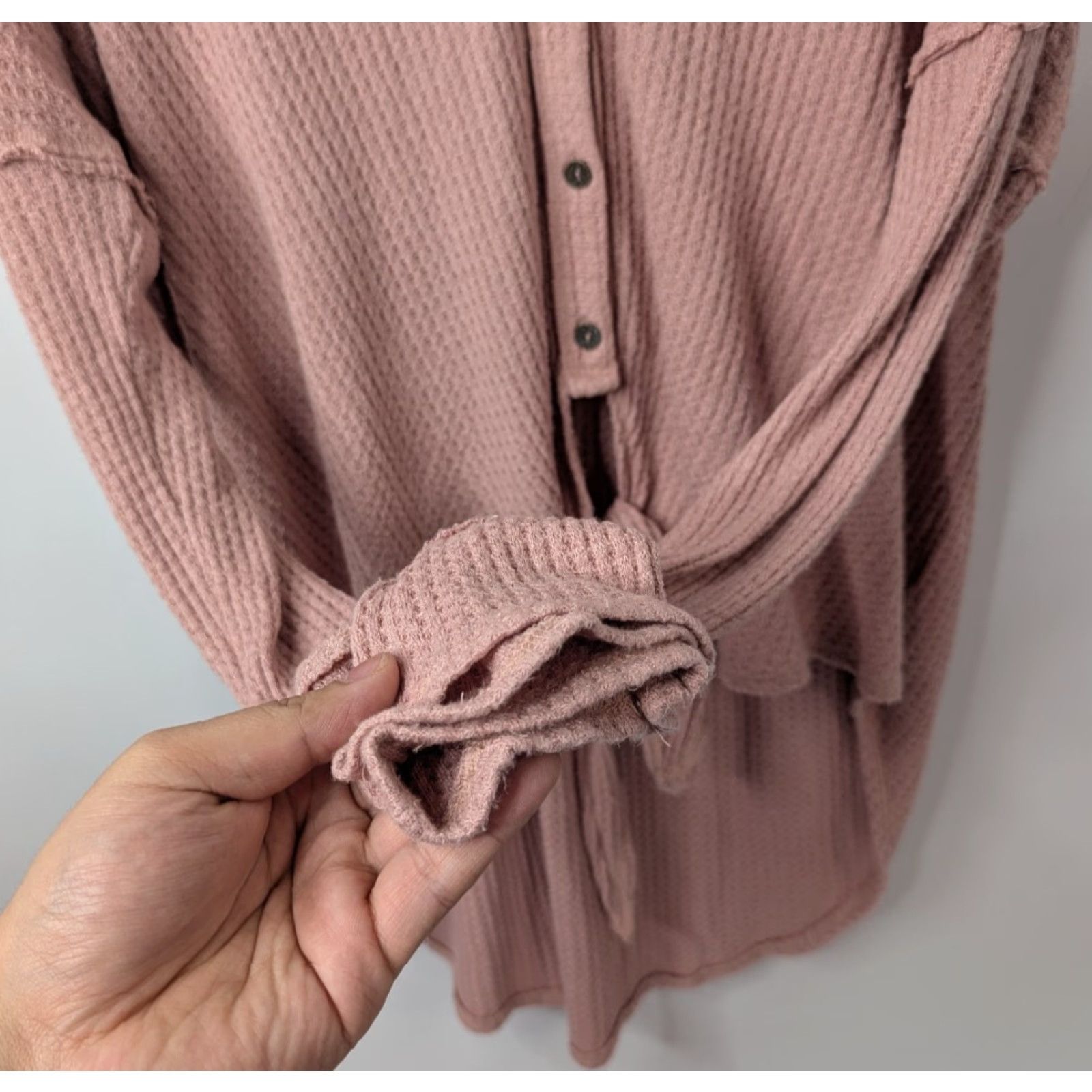 Vintage Knox Rose Women’s Pink Waffle Knit Thermal Tie Front Long Sleeve Lace Top XL Blouse Size XL / US 12-14 / IT 48-50 - 4 Thumbnail