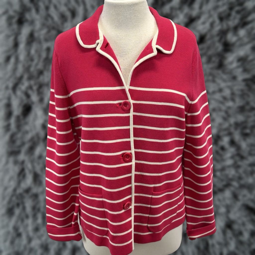 Talbots Talbots Cardigan Sweater Jacket Women L Pink White Striped Knit Cotton Blend Regular Size L / US 10 / IT 46 - 1 Thumbnail