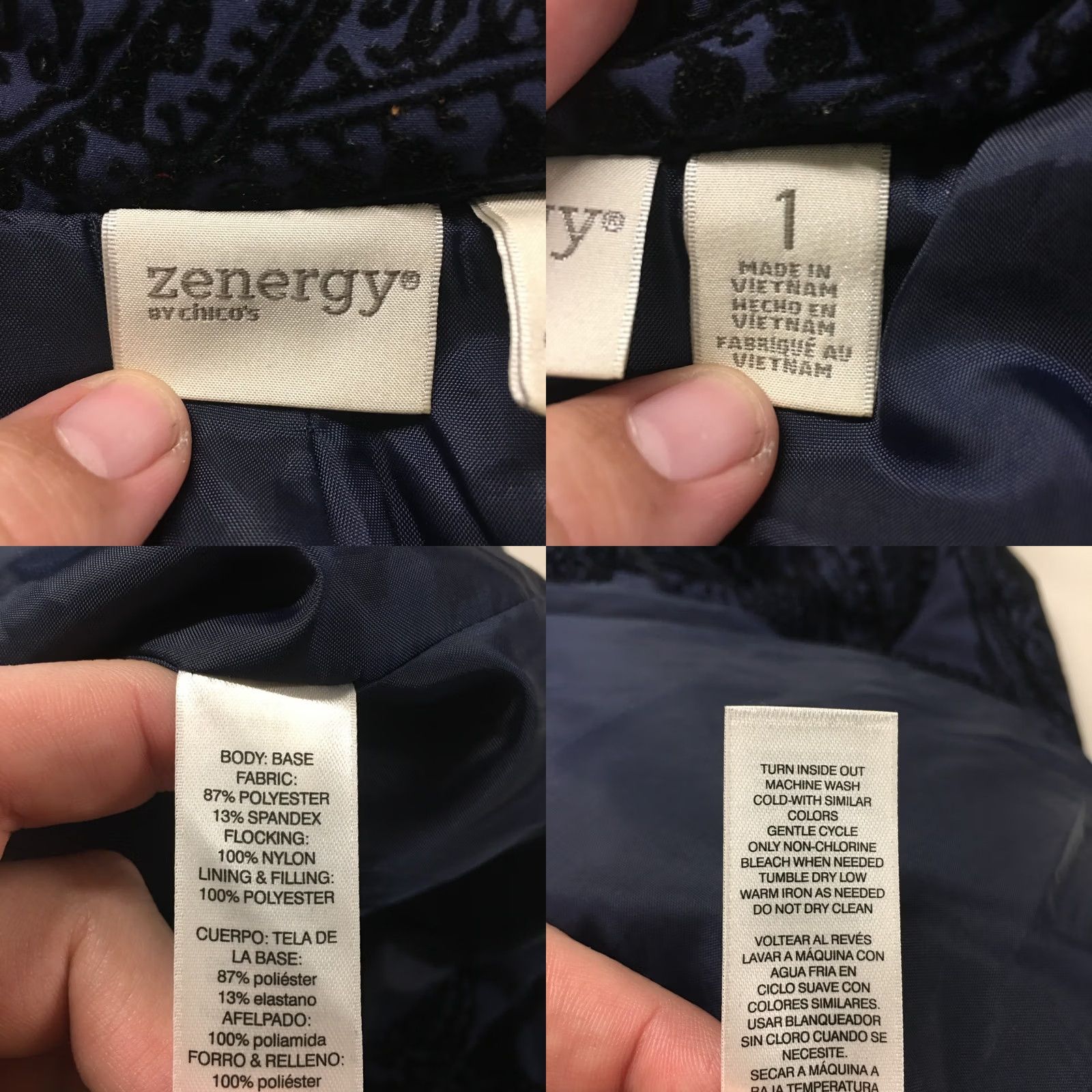 Vintage Zenergy by Chico's Jacket Womens 1 Navy Black Paisley Flocked Quilted Collared Shirt Size XS / US 0-2 / IT 36-38 - 9 Thumbnail