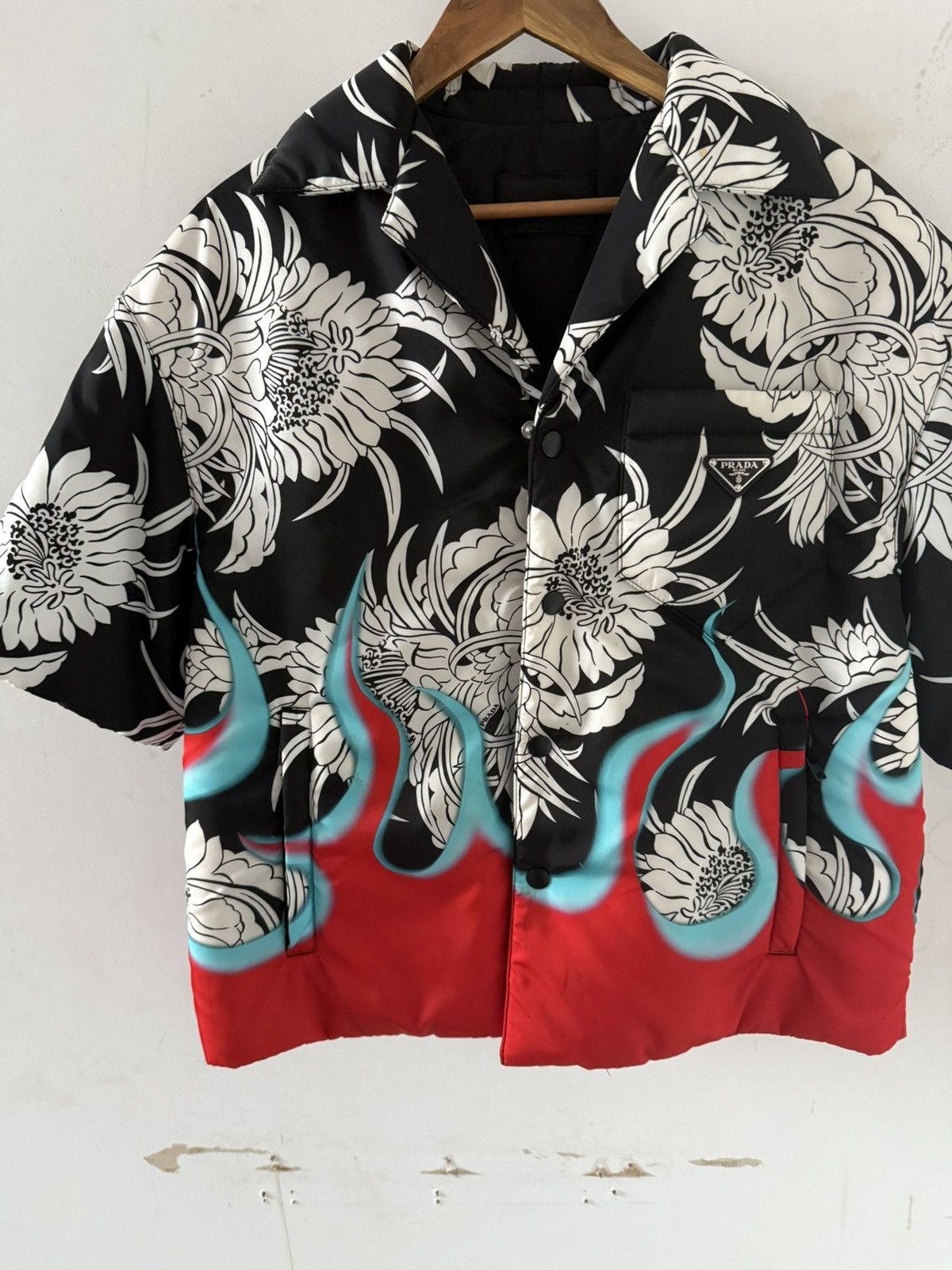 Prada oversized floral red flame nylon puffer shirt jacket