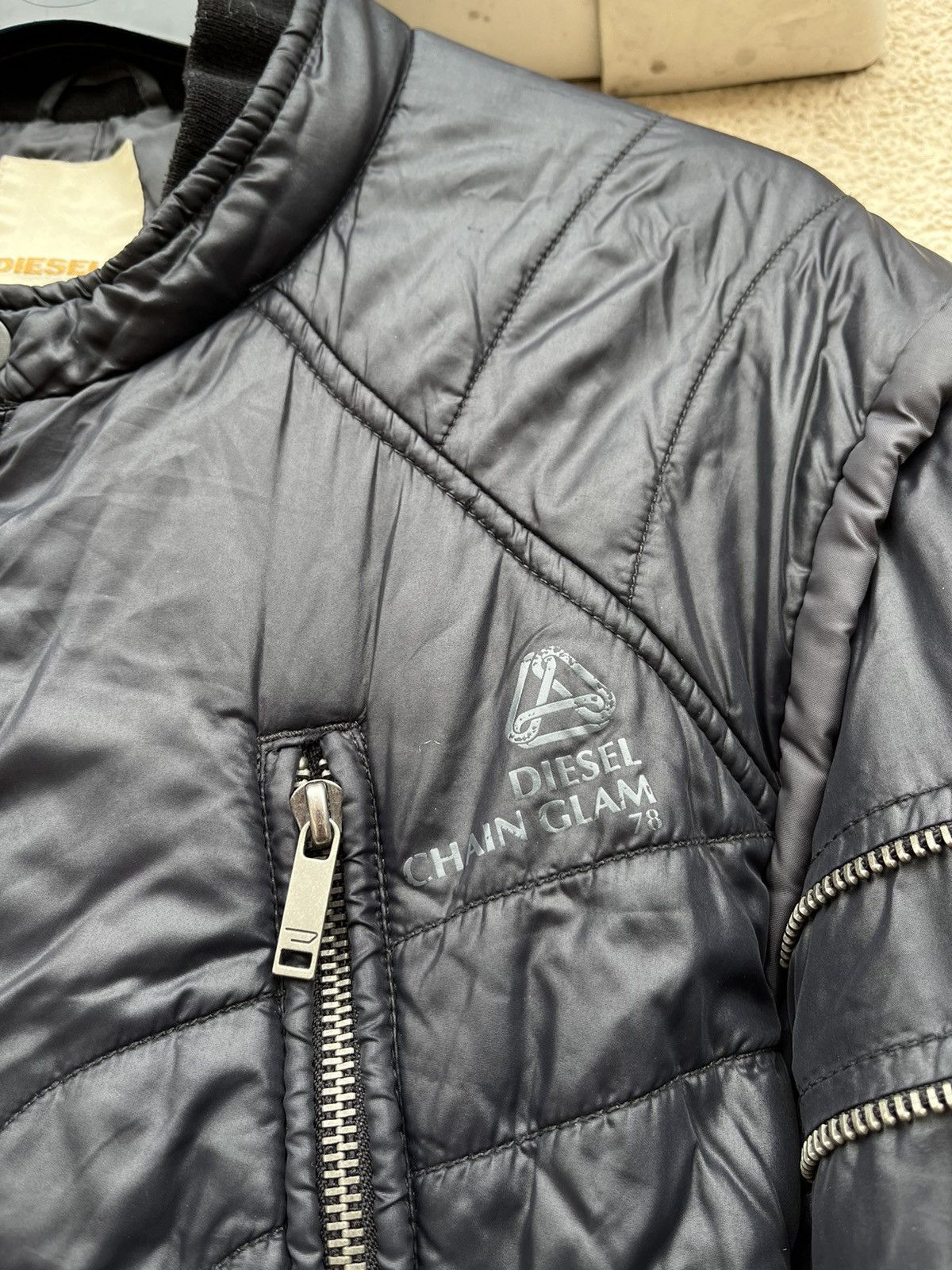 00’s DIESEL gimmick jacket zip opium S Vintage Diesel Chain Glam 78 Biker Puffer Zip Jacket opium