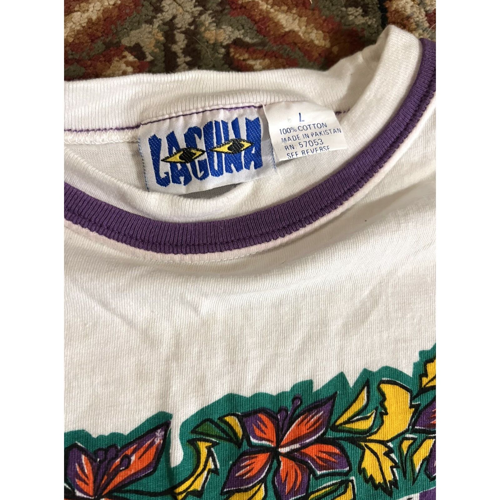 Vintage VINTAGE Laguna T-Shirt Bon Voyage Ship 90s White L Large Flower Cruise Single Stitch Unisex Adults Crew Neck Short Sleeve Cotton Shirt Mens Womens Size US L / EU 52-54 / 3 - 6 Thumbnail
