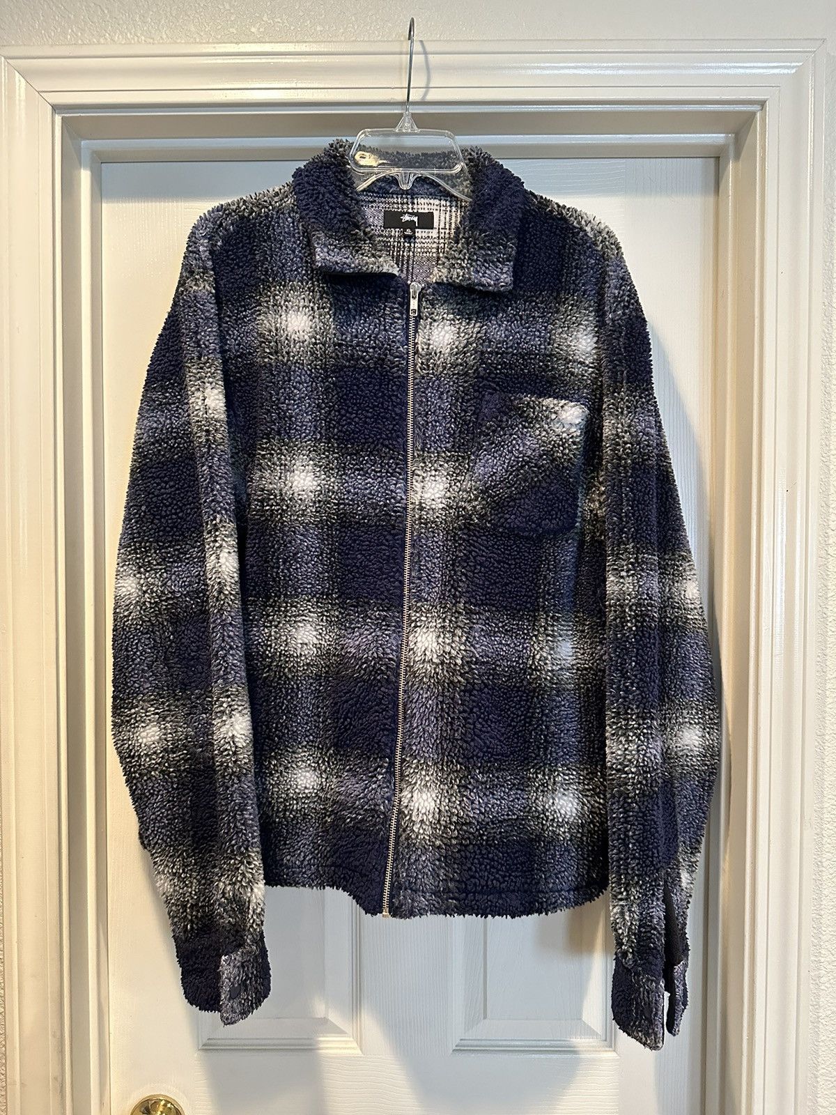 image of Stussy Plaid Sherpa Flannel Zip Shirt in Blue, Men's (Size XL)