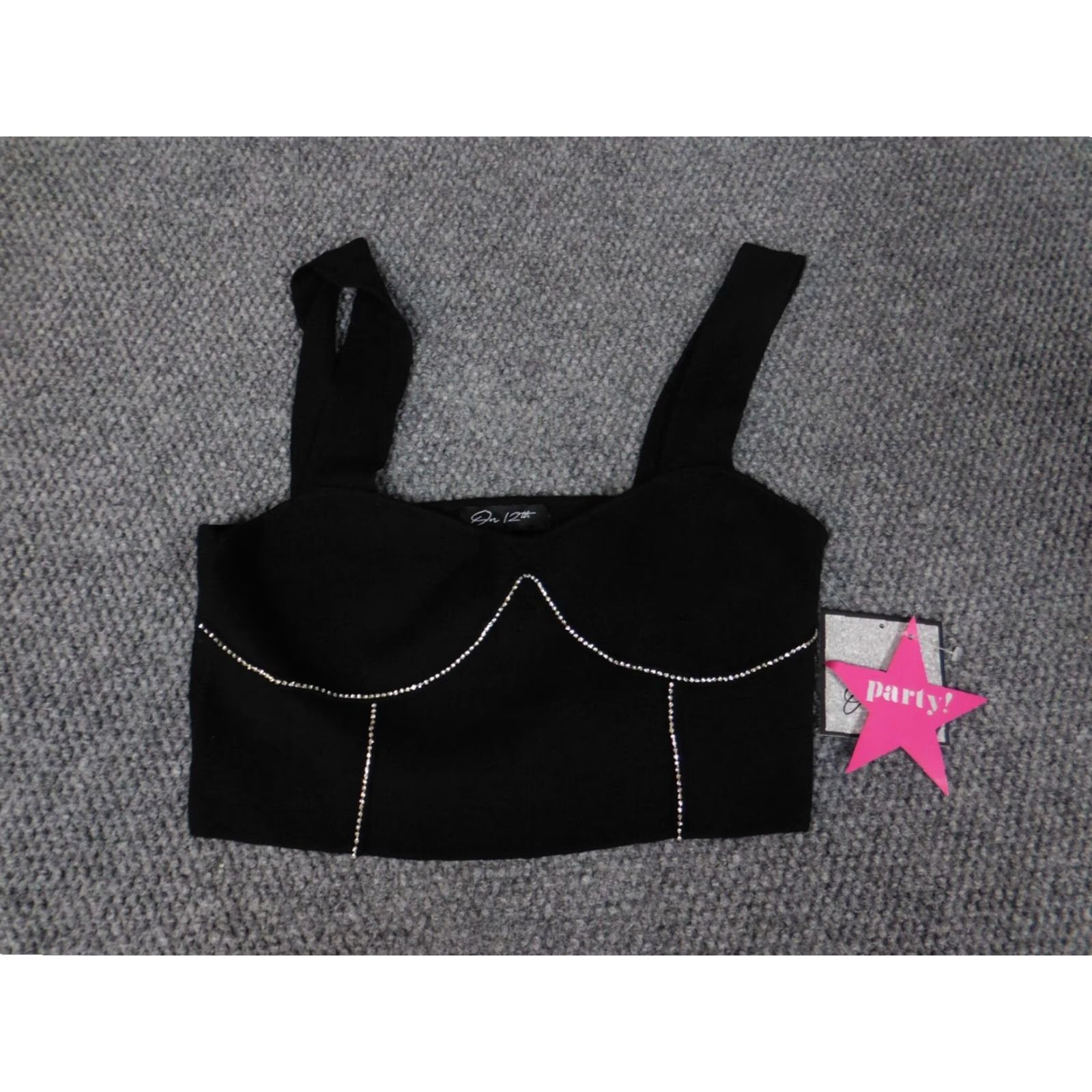 Vintage ON 12th Blouse Shirt Womens Cropped Regular Size M Black Dolman Sleeveless Round Neck Pullover Denim Polyester Button Geometric Casual 90s Theme Open Size M / US 6-8 / IT 42-44 - 2 Thumbnail