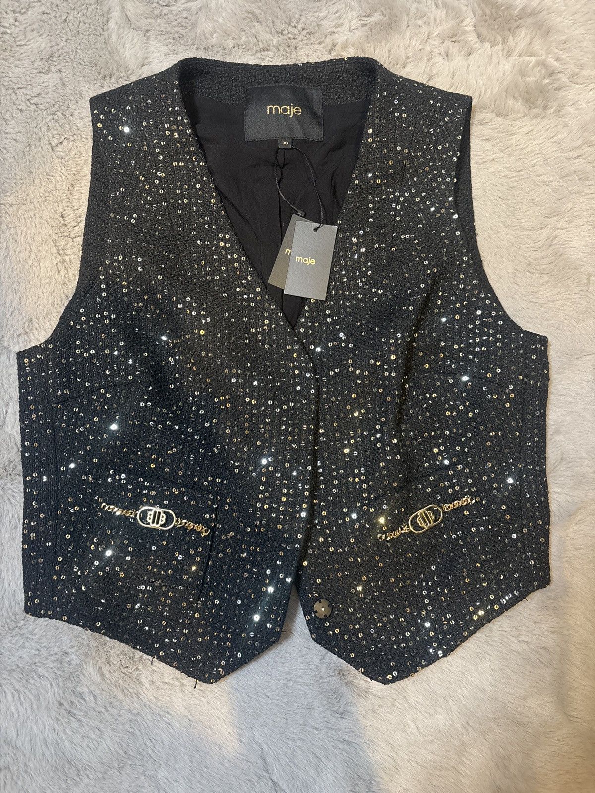 Maje Maje Paris Sequin Tweed Vest Black Gold Button Size 36 NWT Size XS / US 0-2 / IT 36-38 - 1 Thumbnail