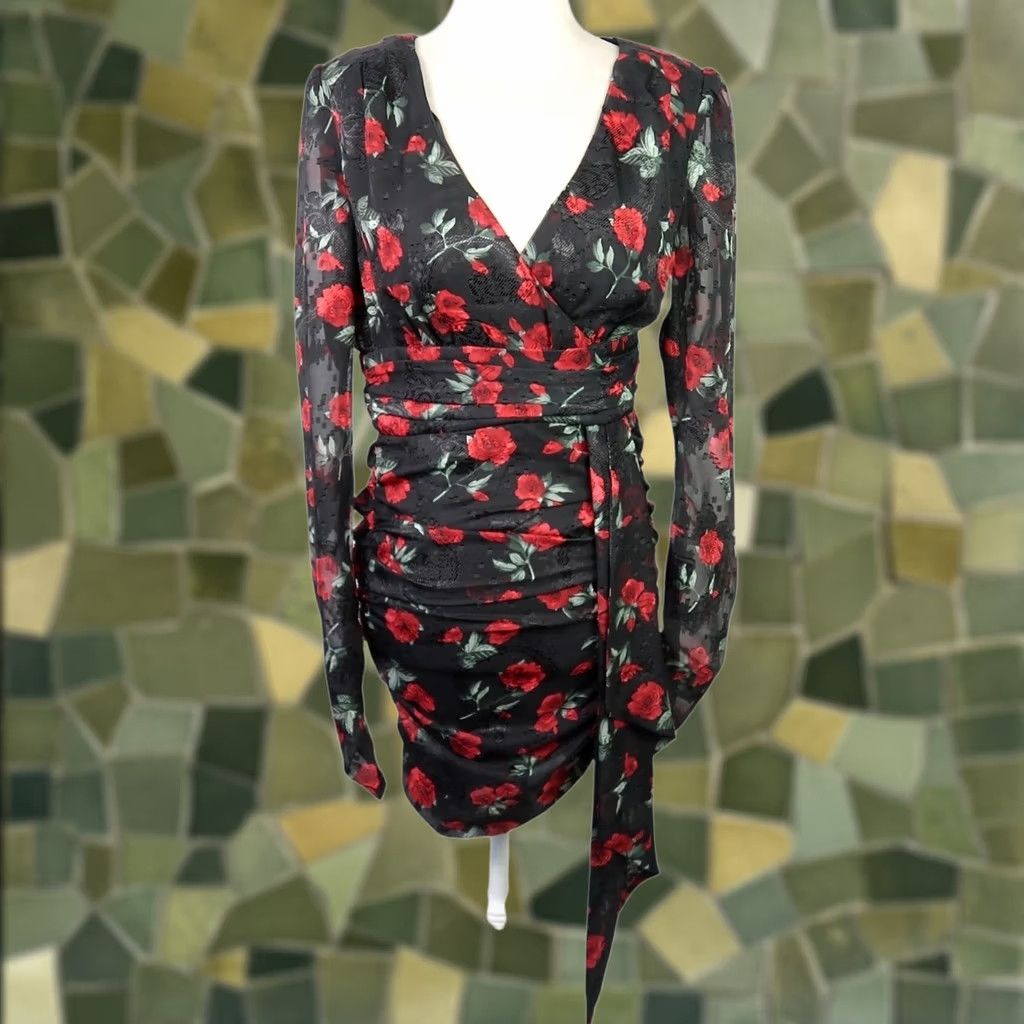 Vintage VICI Sante Fe Floral Chiffon Mini Dress XS Long Sleeve Black Red Rose Pattern Party/Cocktail Womens Size XS / US 0-2 / IT 36-38 - 1 Thumbnail