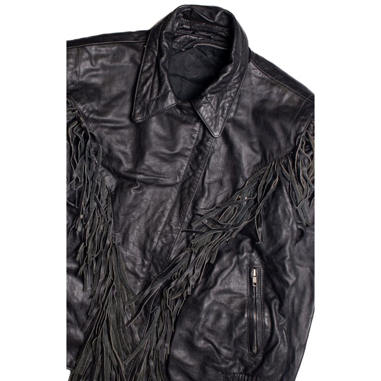 Vintage VINTAGE Black Leather Motorcycle Jacket Large Fringe Western Biker Coat Size US L / EU 52-54 / 3 - 2 Thumbnail