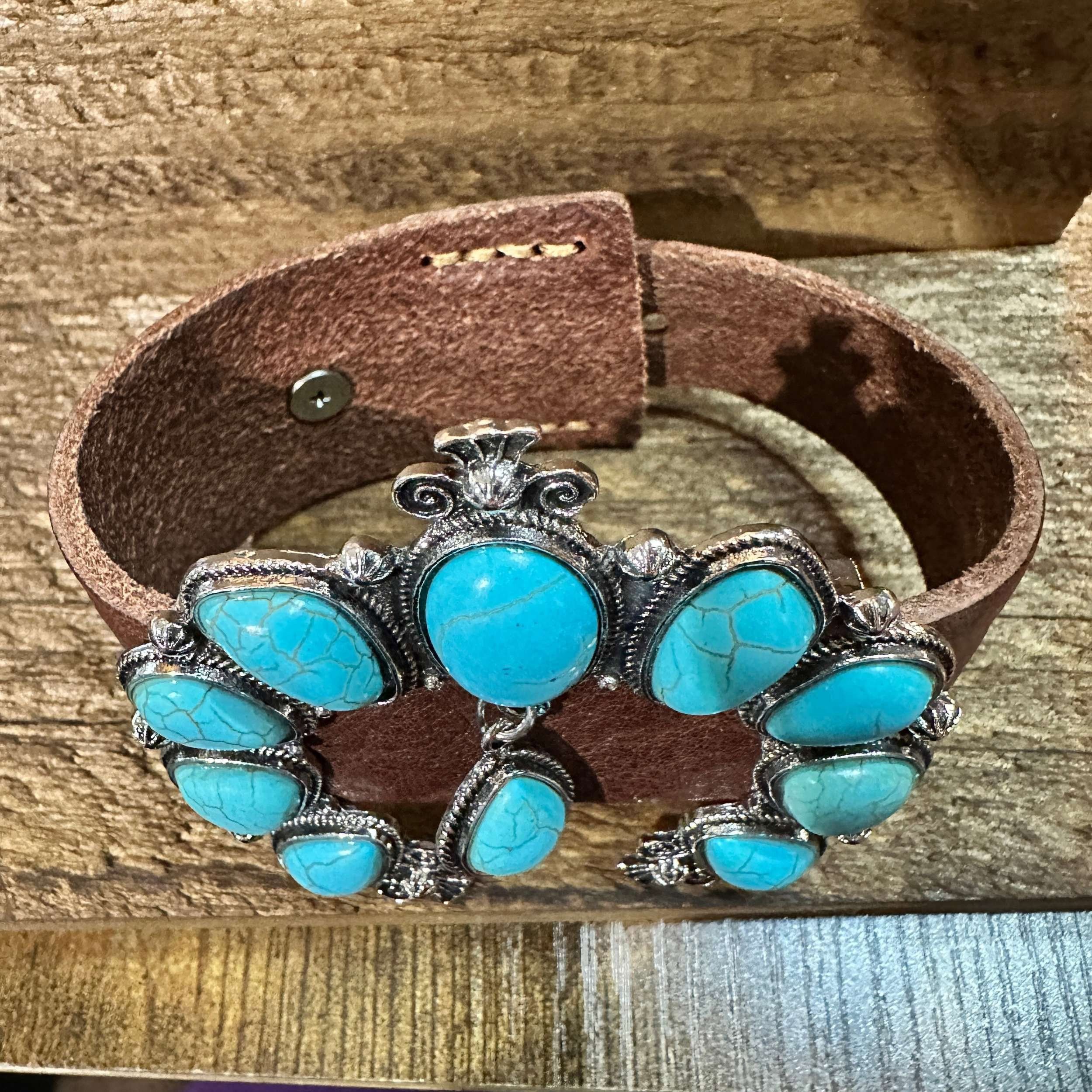 Other Brown Leather Bracelet with Large Blue Turquoise Blossom Des Size ONE SIZE - 3 Thumbnail