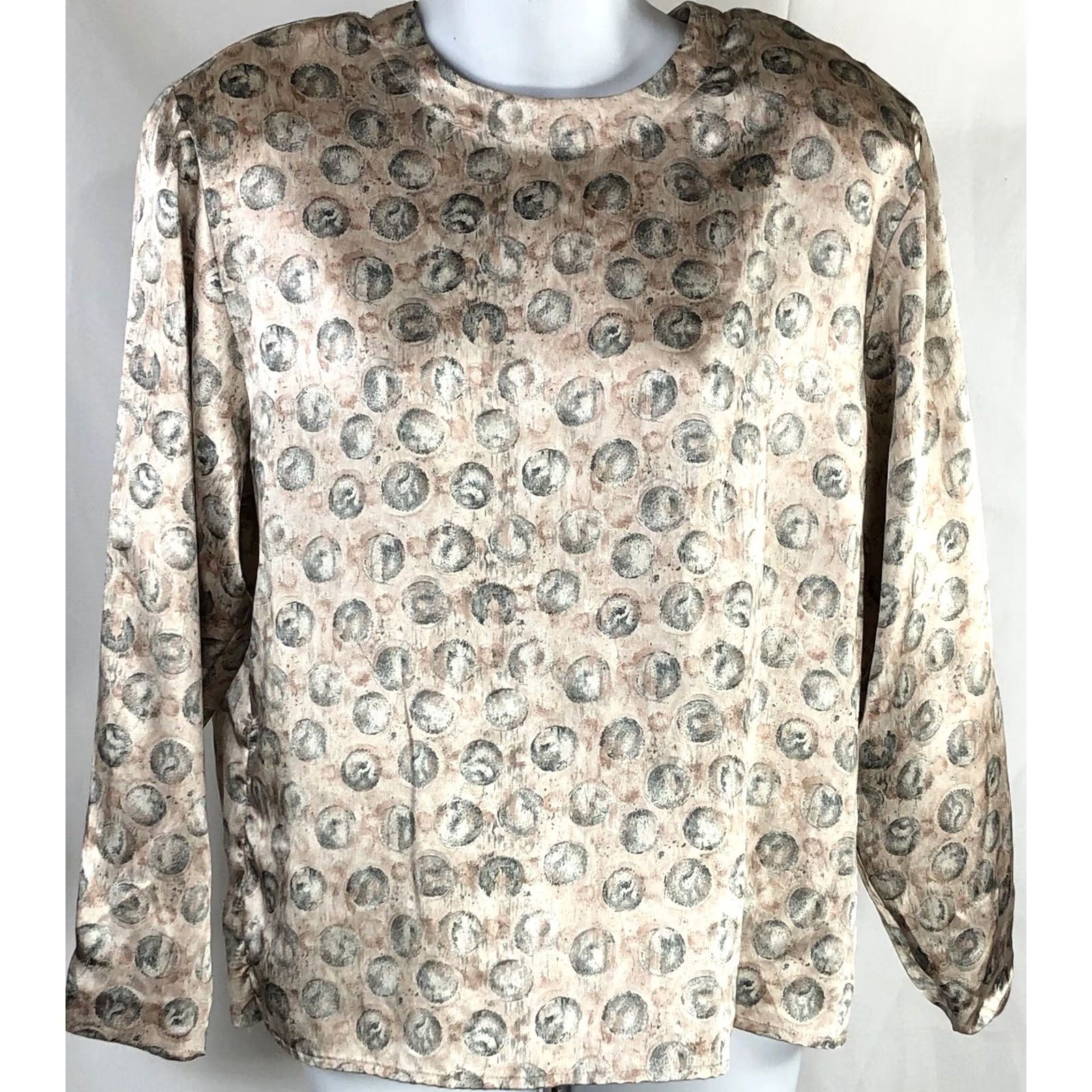 Vintage Vintage Satin Top Blouse 8P Peach Gray Geo Long Sleeve Career Classic Y2K Size M / US 6-8 / IT 42-44 - 2 Thumbnail