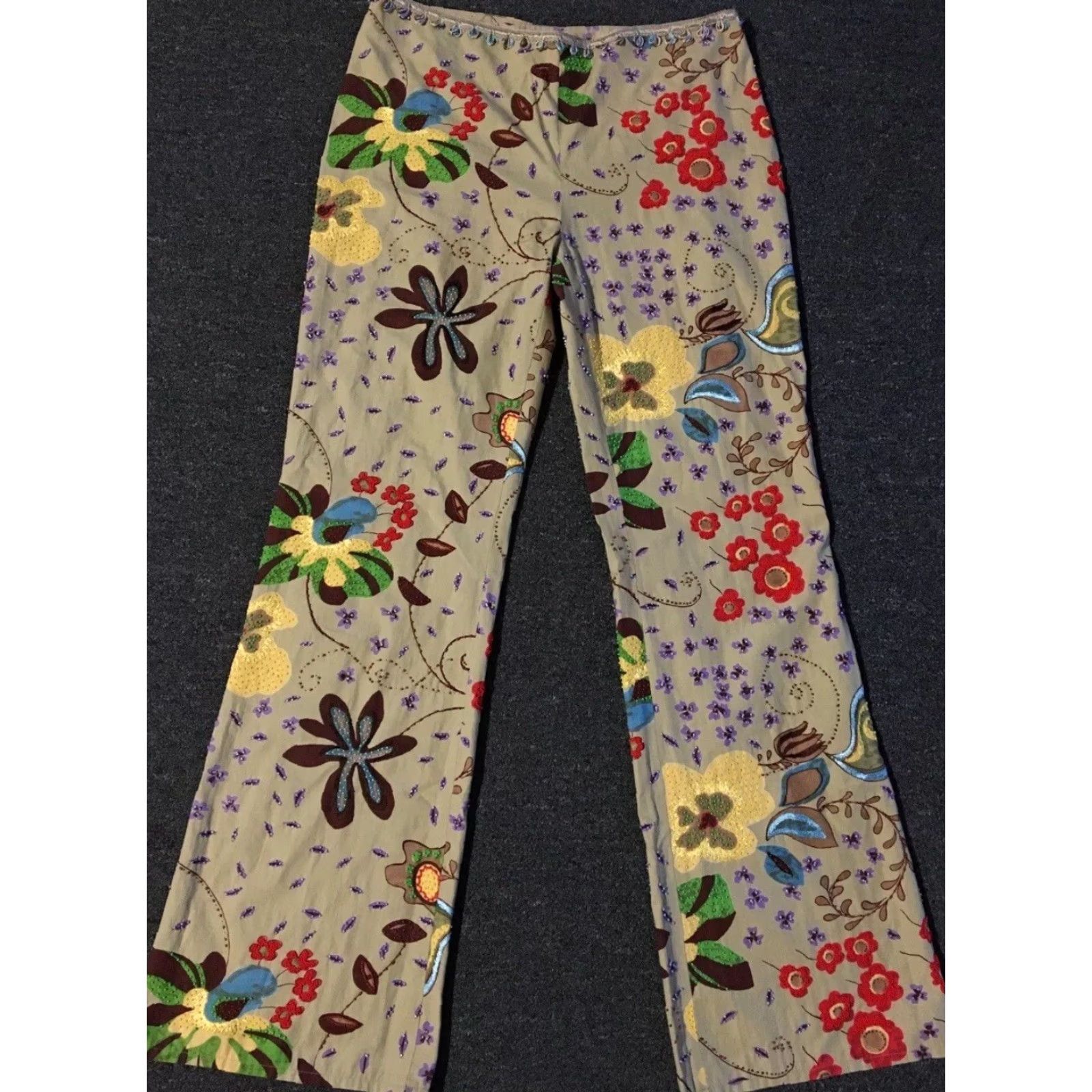 Vintage VINTAGE Philosophy Di Alberta Ferretti Hand Beaded Floral Art Pants 8 Italy AOP Designer 90s Y2K Size 30" / US 8 / IT 44 - 2 Thumbnail