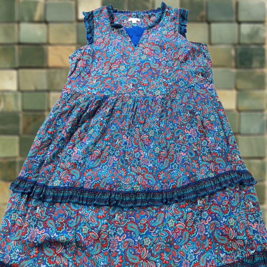 J. Jill J. Jill PM Petite 100% Rayon Paisley Ruffled Tiered Below Knee Dress Blue MINT Dress Size M / US 6-8 / IT 42-44 - 1 Thumbnail