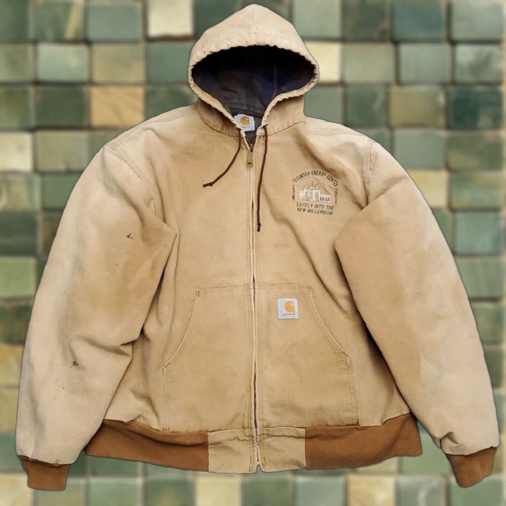 Carhartt VINTAGE Carhartt Jacket Mens 2XL Canvas Active Hooded Lined Sun Faded 90s Work Brown Accents Logo Pockets Zip Casual Womens Mens Size US XXL / EU 58 / 5 - 1 Thumbnail