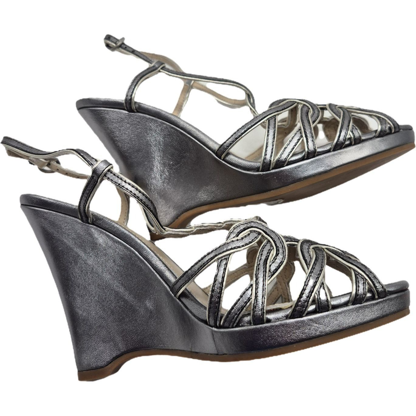 Elie Tahari Elie Tahari Silver Metallic Strappy Wedge Heeled Sandals Wom Size US 8.5 / IT 38.5 - 3 Thumbnail